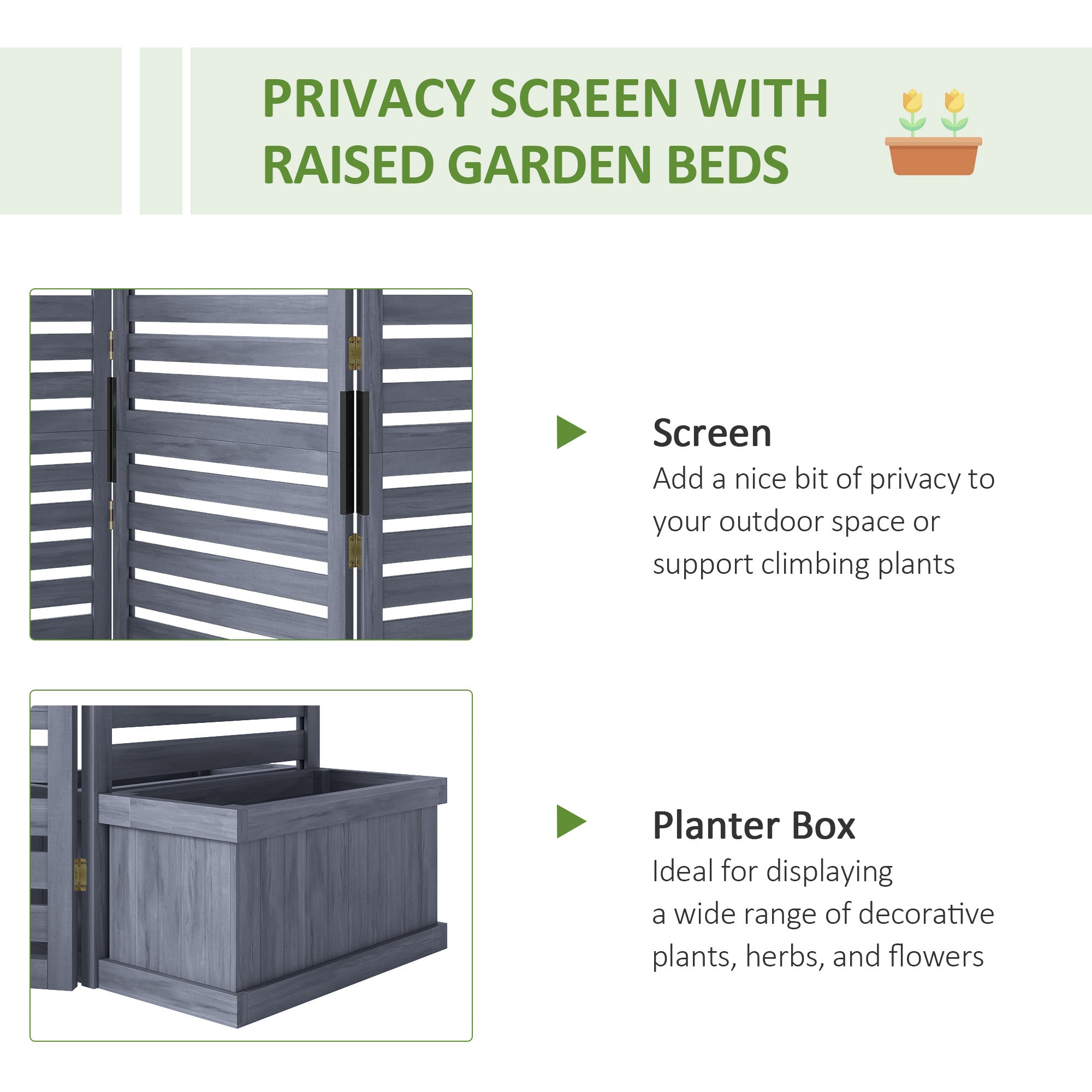 Wood Privacy Screen w/ 4 Planter Box, Raised Bed w/ 3 Panels & Drainage Holes - Gray - Image 4