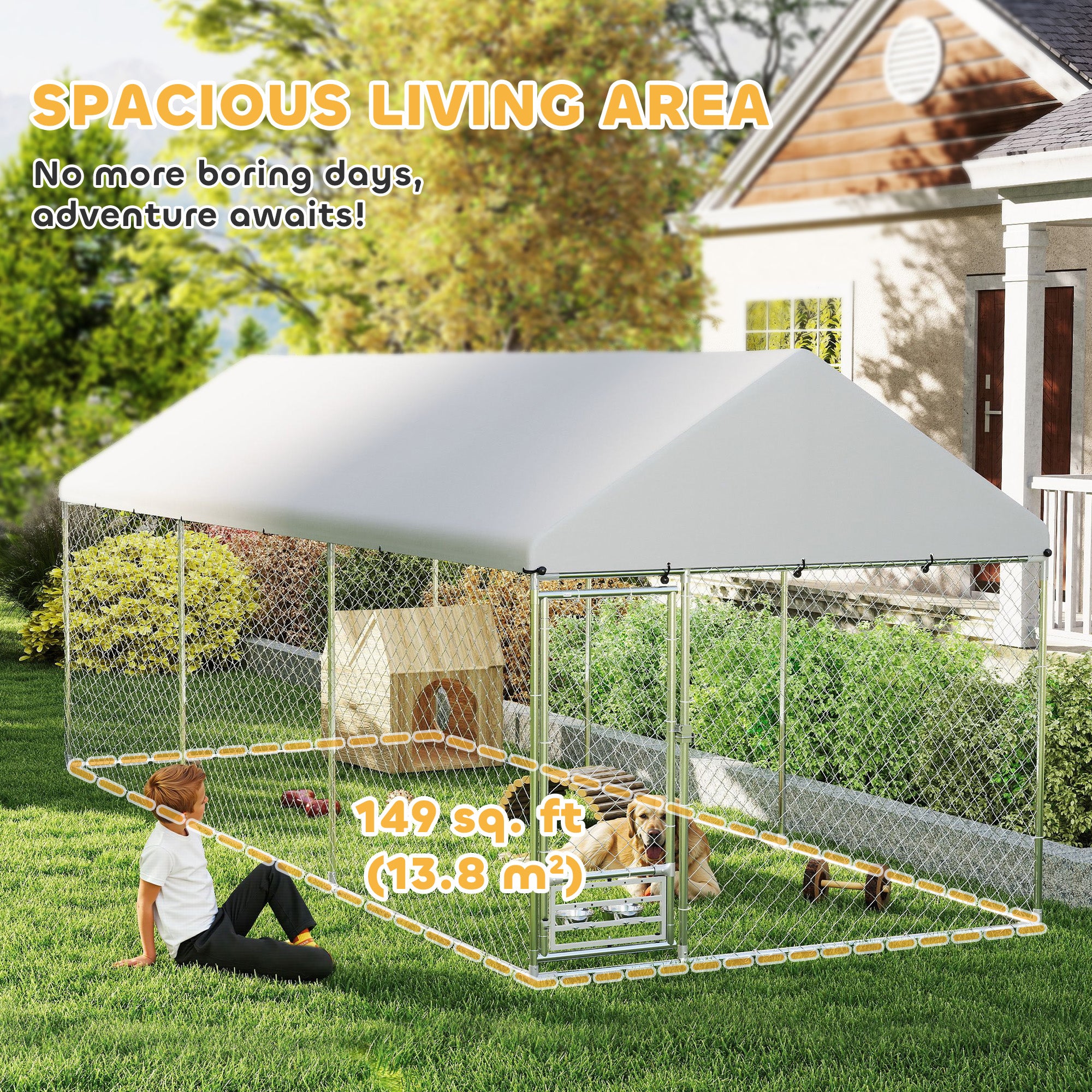 Outdoor Dog Kennel w/ Adjustable & Rotatable Bowl Rack, Waterproof UV-Resistant Cover, Secure Lock, 19.7' x 7.5' x 7.5' - Silver - Image 4