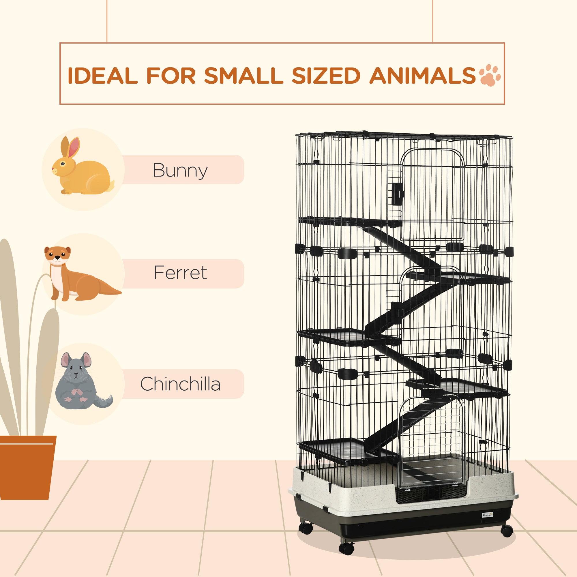 32"L 6-Level Small Animal Cage Rabbit Hutch with Universal Lockable Wheels, Slide-out Tray for Bunny, Chinchillas, Ferret, Black - Black - Image 6