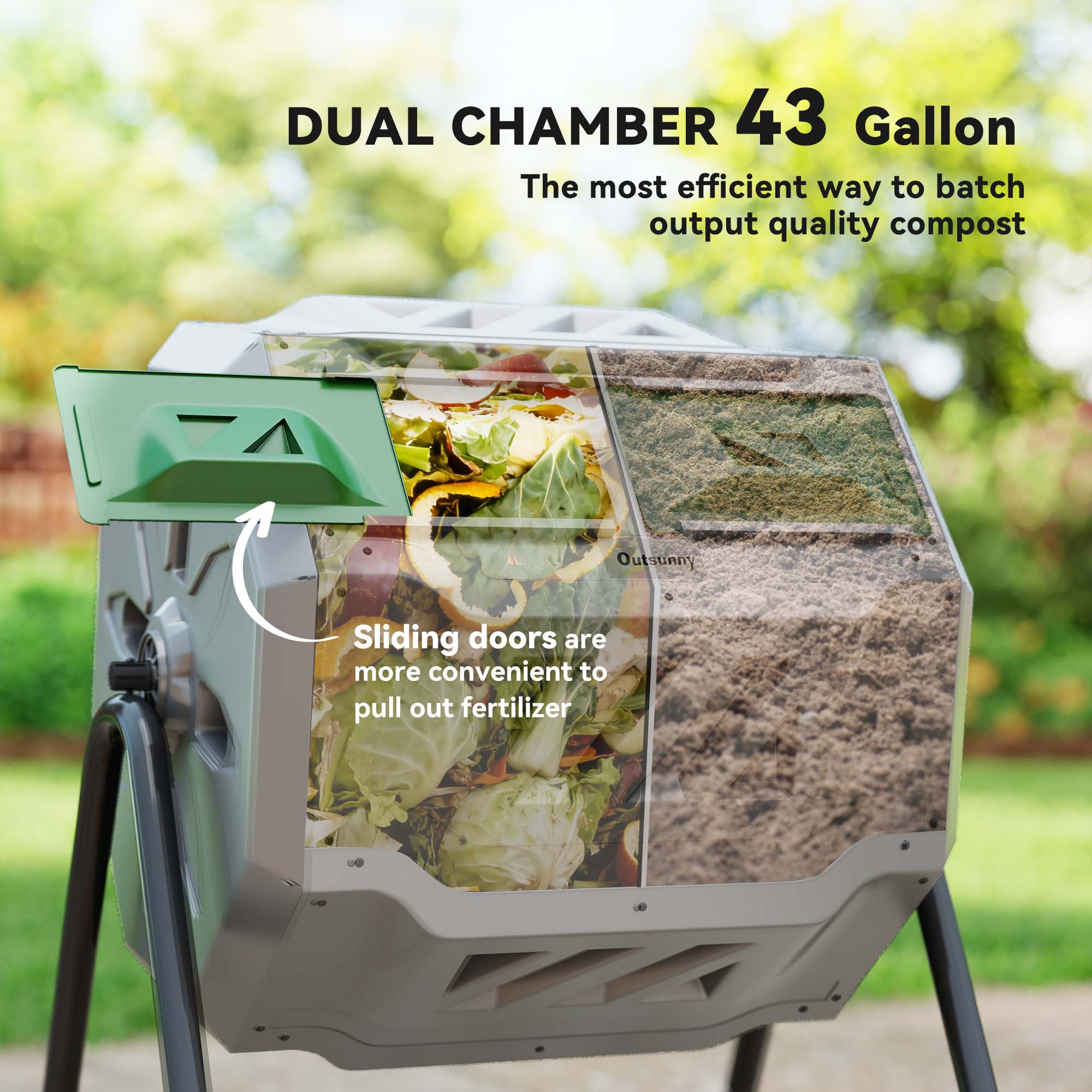 Tumbling Compost Bin Outdoor 360° Dual Chamber Rotating Composter 43 Gallon, Light Gray - Light Gray - Image 4