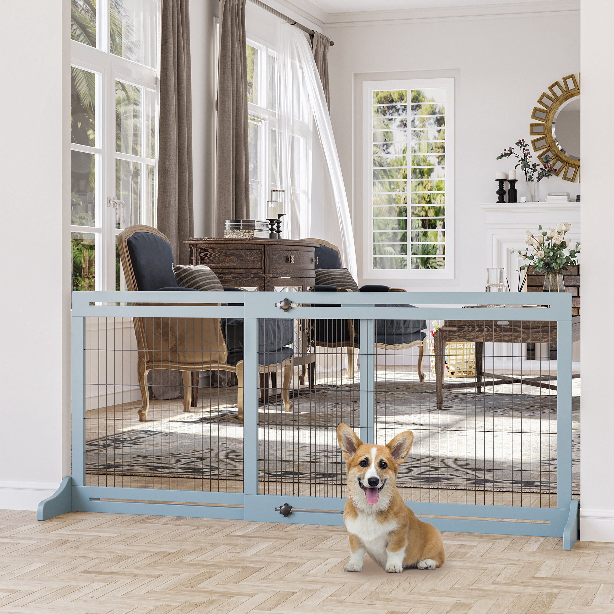 71" W x 27.25" H Extra Wide Freestanding Pet Gate with Adjustable Length Dog, Cat, Barrier for House, Doorway, Hallway, Blue-Gray - Gray - Image 2