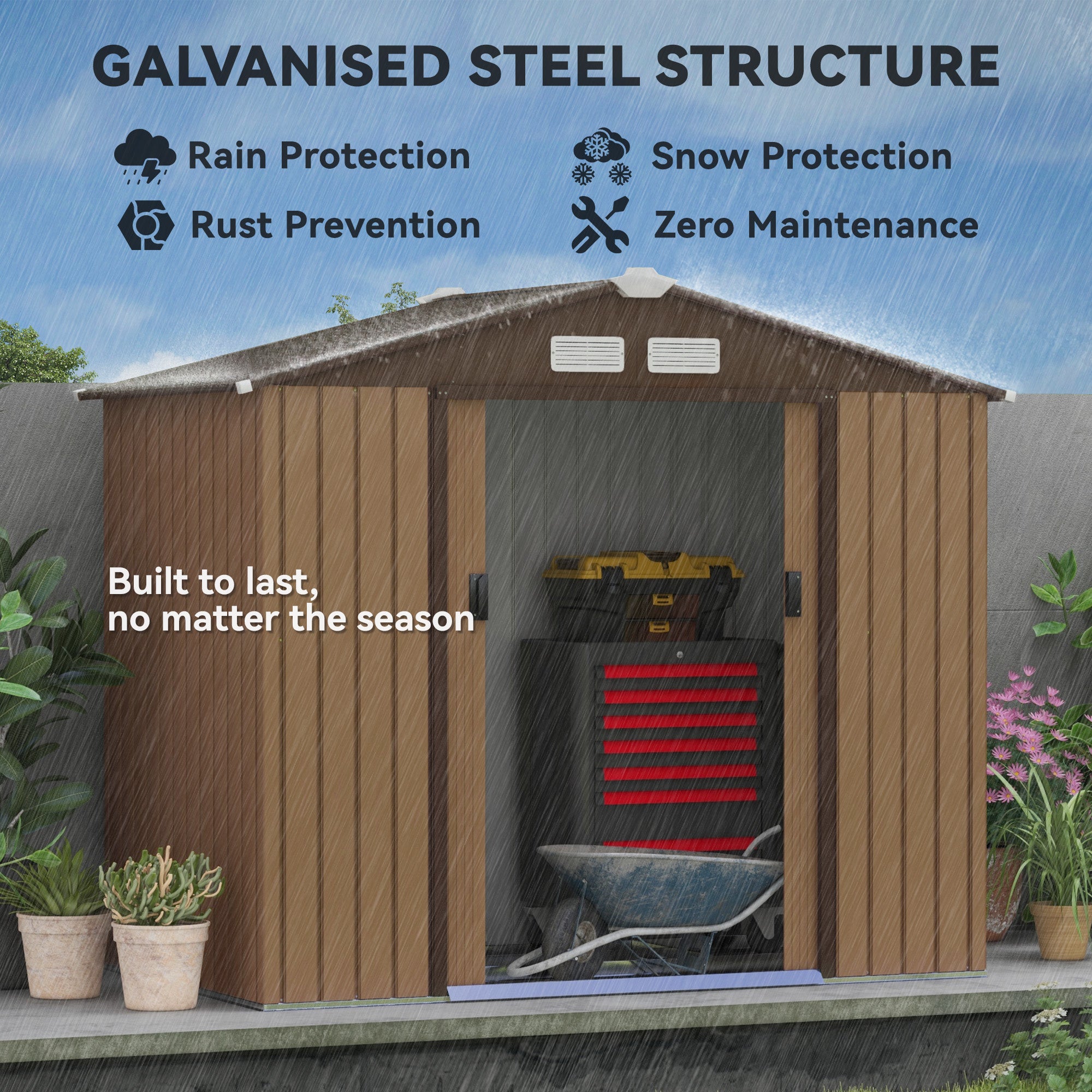 7' x 4' Outdoor Storage Shed, Garden Tool House w/ Foundation Kit Vents & Sliding Doors for Backyard Patio, Brown - Yellow - Image 4