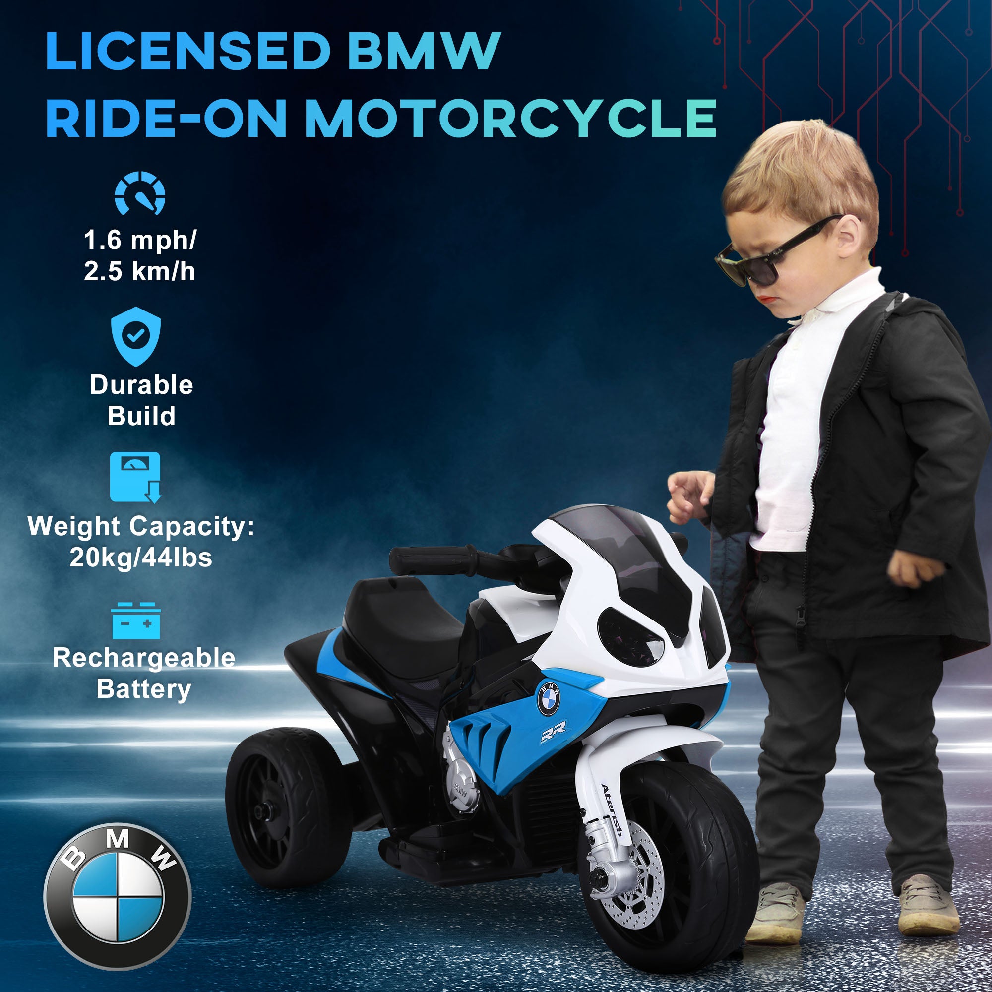 6V 3 Wheeled Electric Motorcycle, Kids Motorcycle Licensed BMW with Headlight, Music, Blue