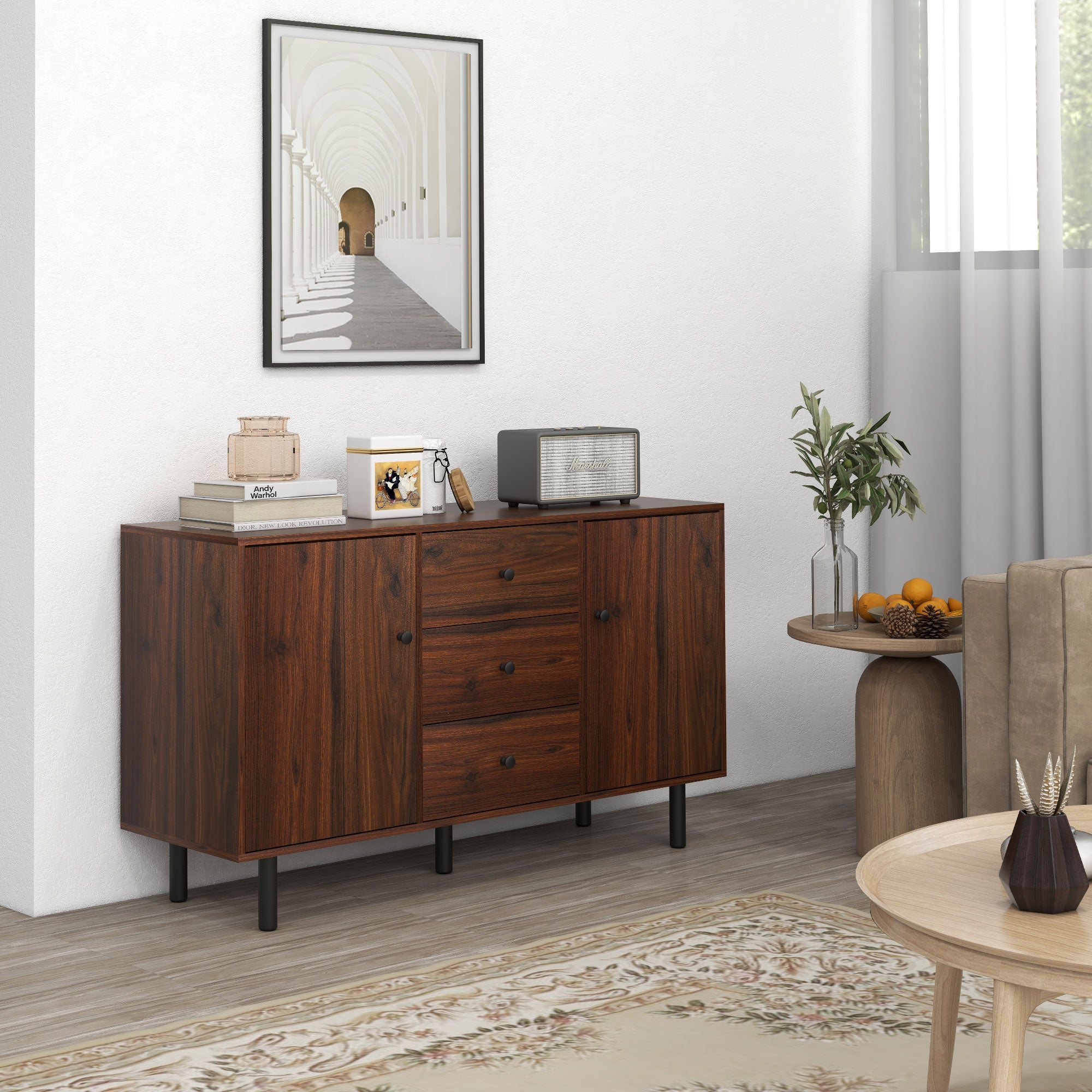 Retro Sideboard with 2 Cabinets 3 Drawers, Buffet Table, Rustic Brown