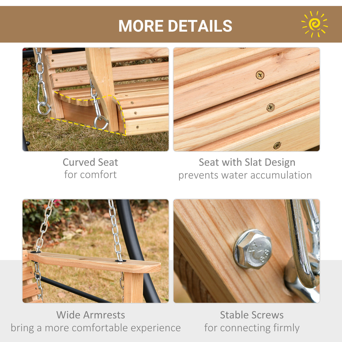 3-Seater Wood Porch Swing, Patio Swing Bench with Folding Coffee Table, Cup Holders, 440lbs Weight Capacity, Natural
