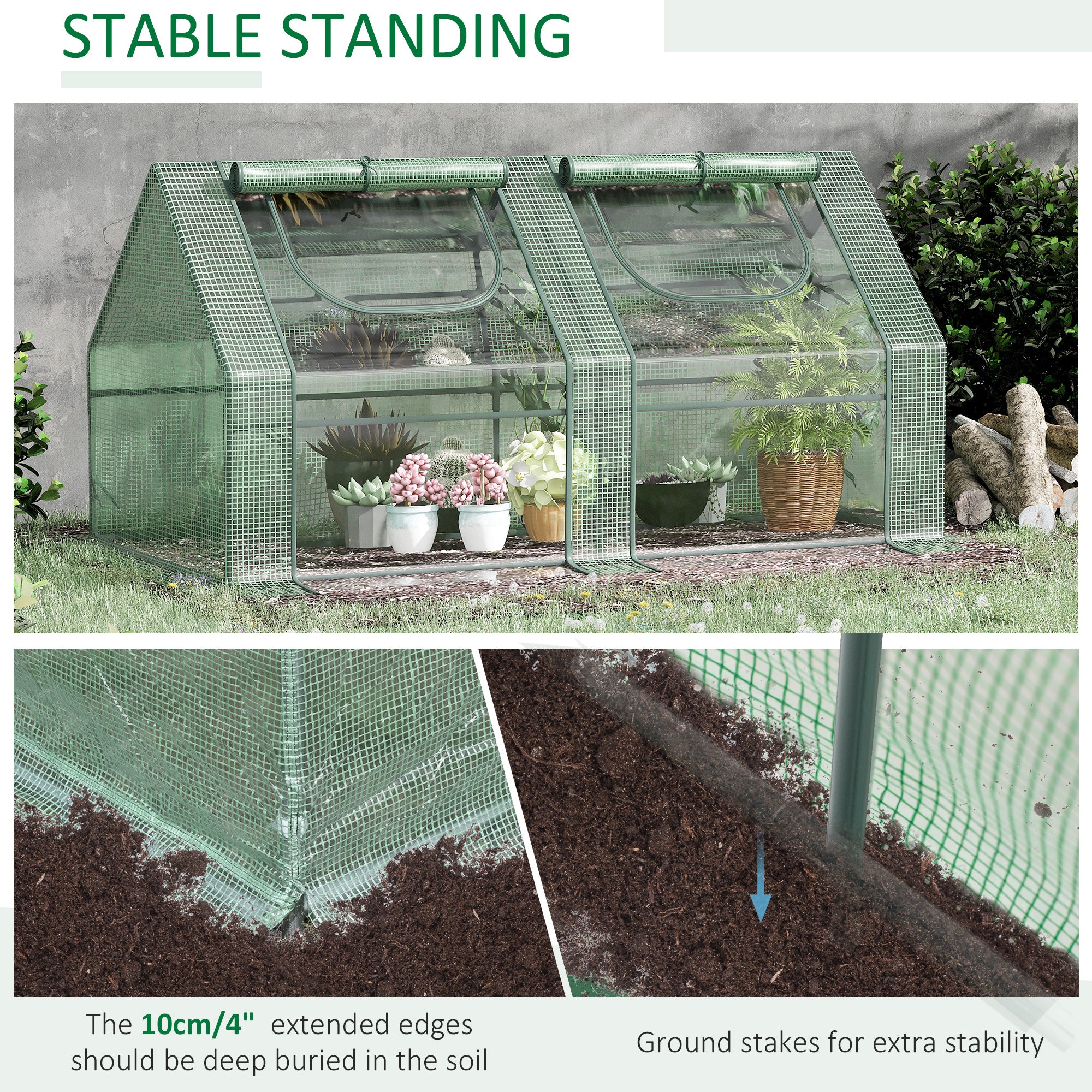 6' x 3' x 3' Portable Greenhouse, Garden Hot House with Two PE/PVC Covers and 2 Roll Up Windows, Green - Green - Image 5