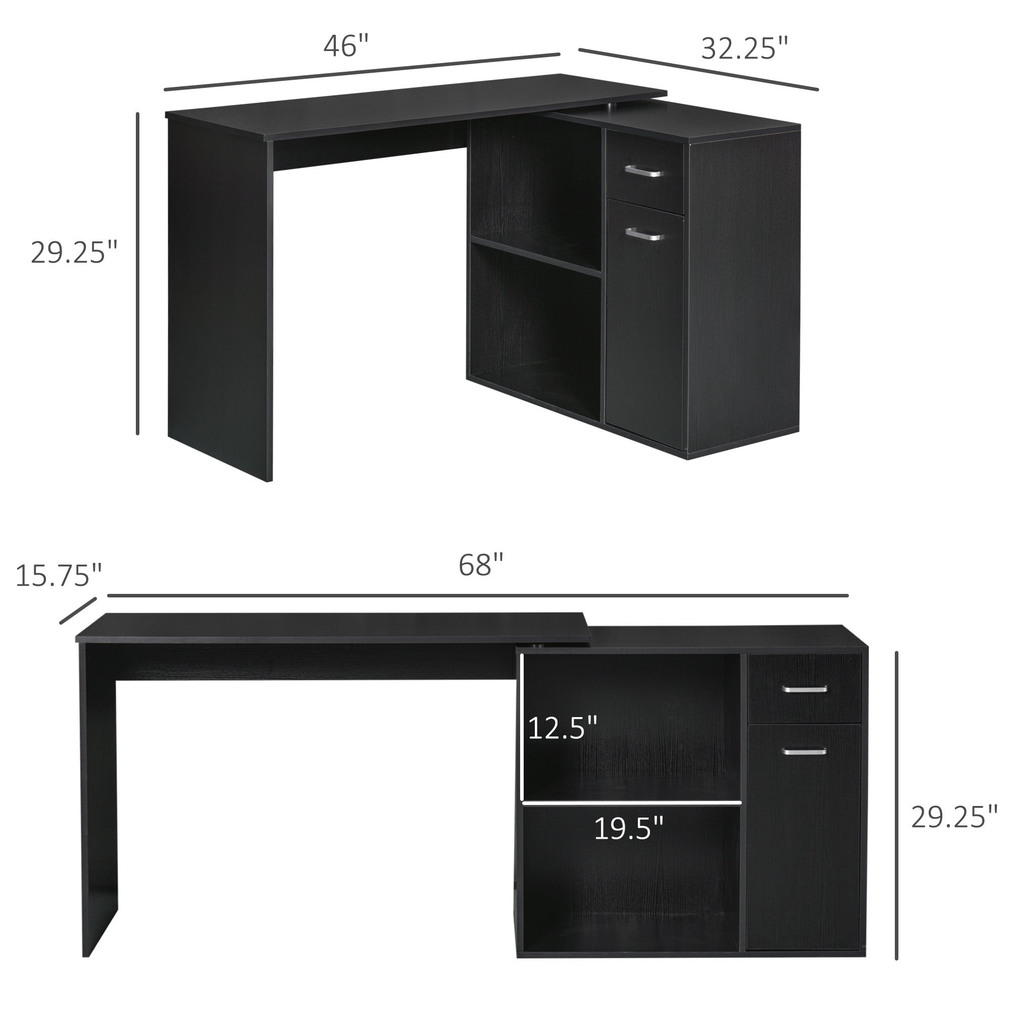 L Shaped Computer Desk, 180° Rotating Corner Desk with Storage Shelves, Drawer and Cabinet, Study Workstation for Home Office, Black