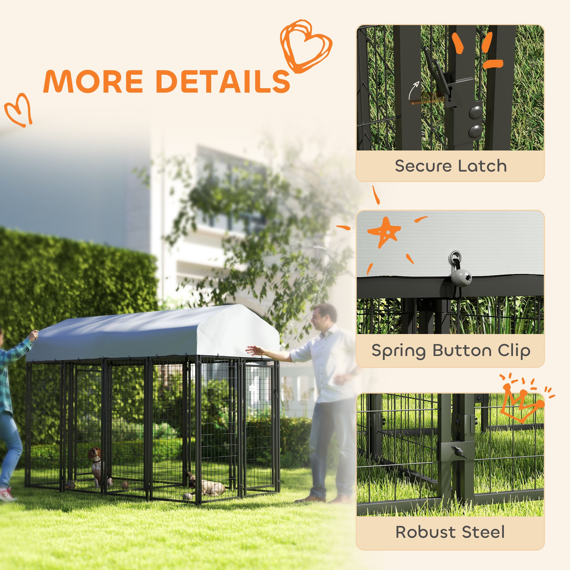 Outdoor Dog Kennel with Two-Room Design, Water-Resistant & Sun-Proof Cover, for S, M, L Dogs, 8' x 4' x 6' - Silver - Image 7