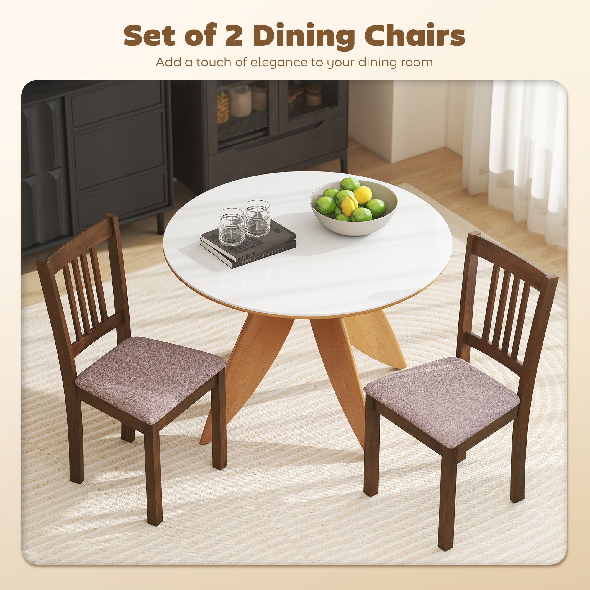Dining Chairs Set of 2 Linen Upholstered Kitchen Chairs with Rubberwood Legs for Dining Room Living Room Walnut Taupe