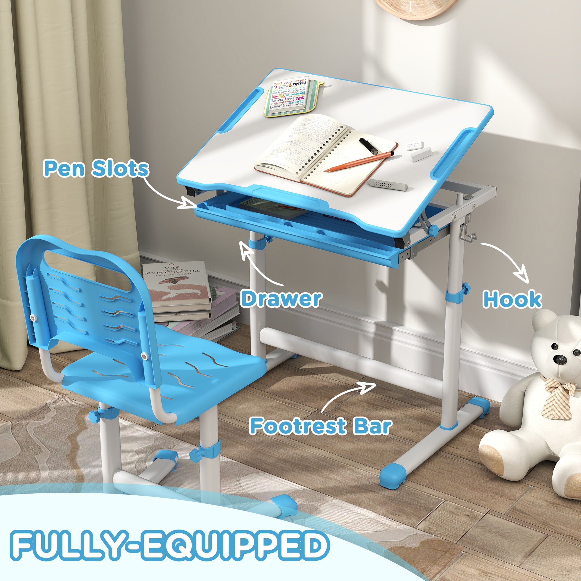Height Adjustable Kids Desk and Chairs Set with Tilt Desktop, Storage Drawer, Pen Slot, Hook, Blue