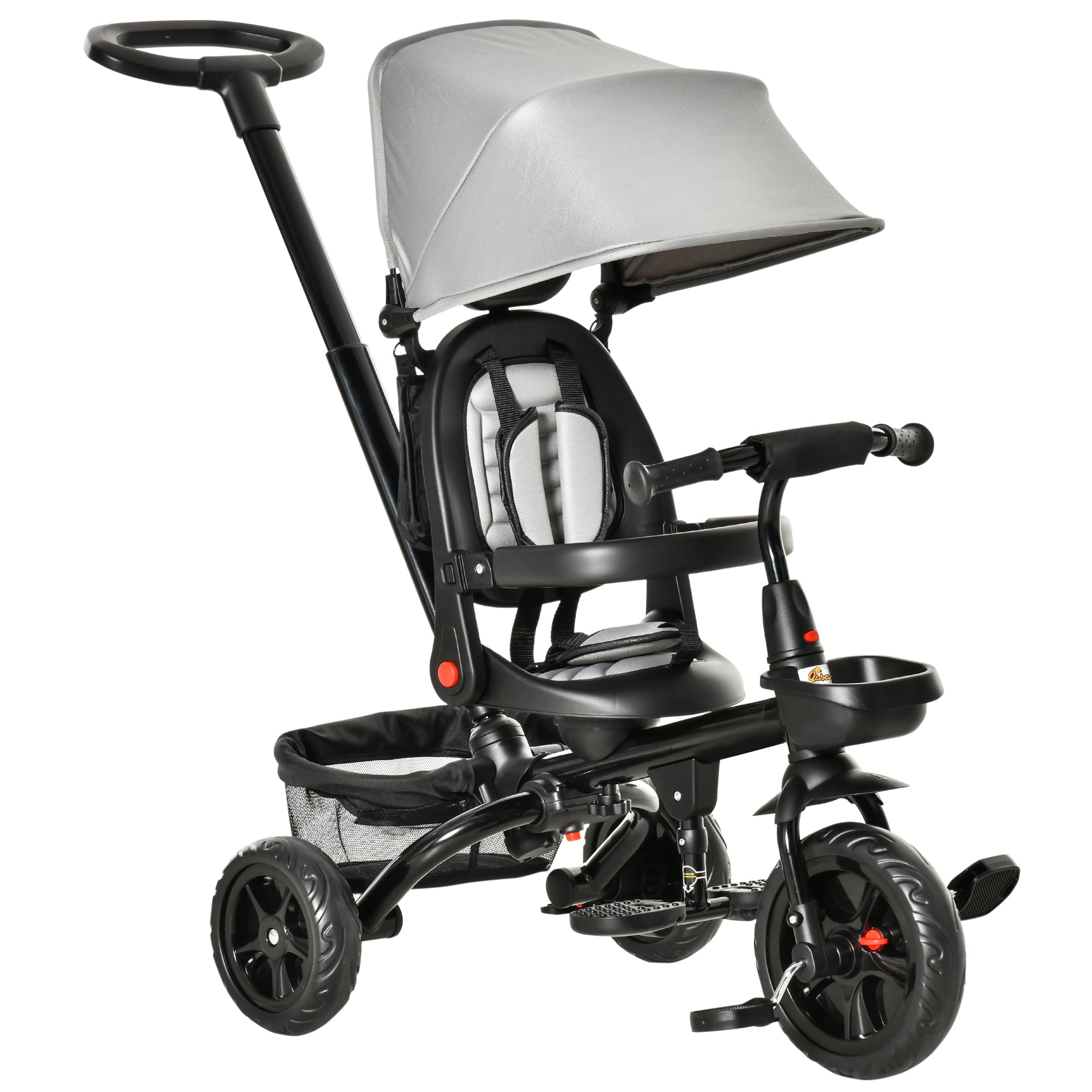 Kids Tricycle, 4 in 1 Foldable Trike with Reversible Seat, Adjustable Parent Handle, Safety Harness, Wheel Brakes, Removable Canopy, Storage, Tricycle for Toddlers 1-5 Years, Gray