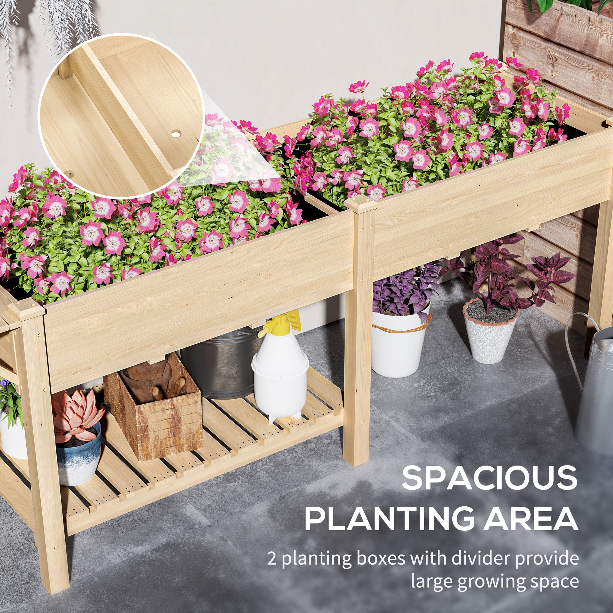 Wood Raised Garden Box, Elevated Garden Bed with Side Table, Bottom Shelf, Bed Liners and Drainage Holes, Natural - Natural Wood - Image 4