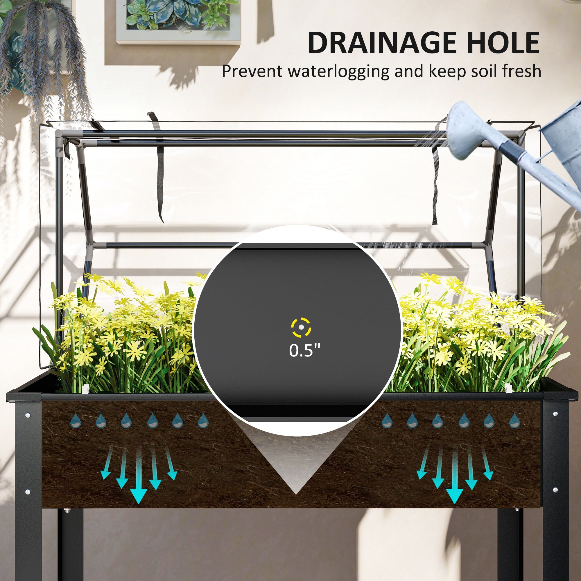 Elevated Garden Box with Greenhouse Cover, Raised Garden Bed with Legs and Drainage Hole for Vegetables, Black - Black - Image 6
