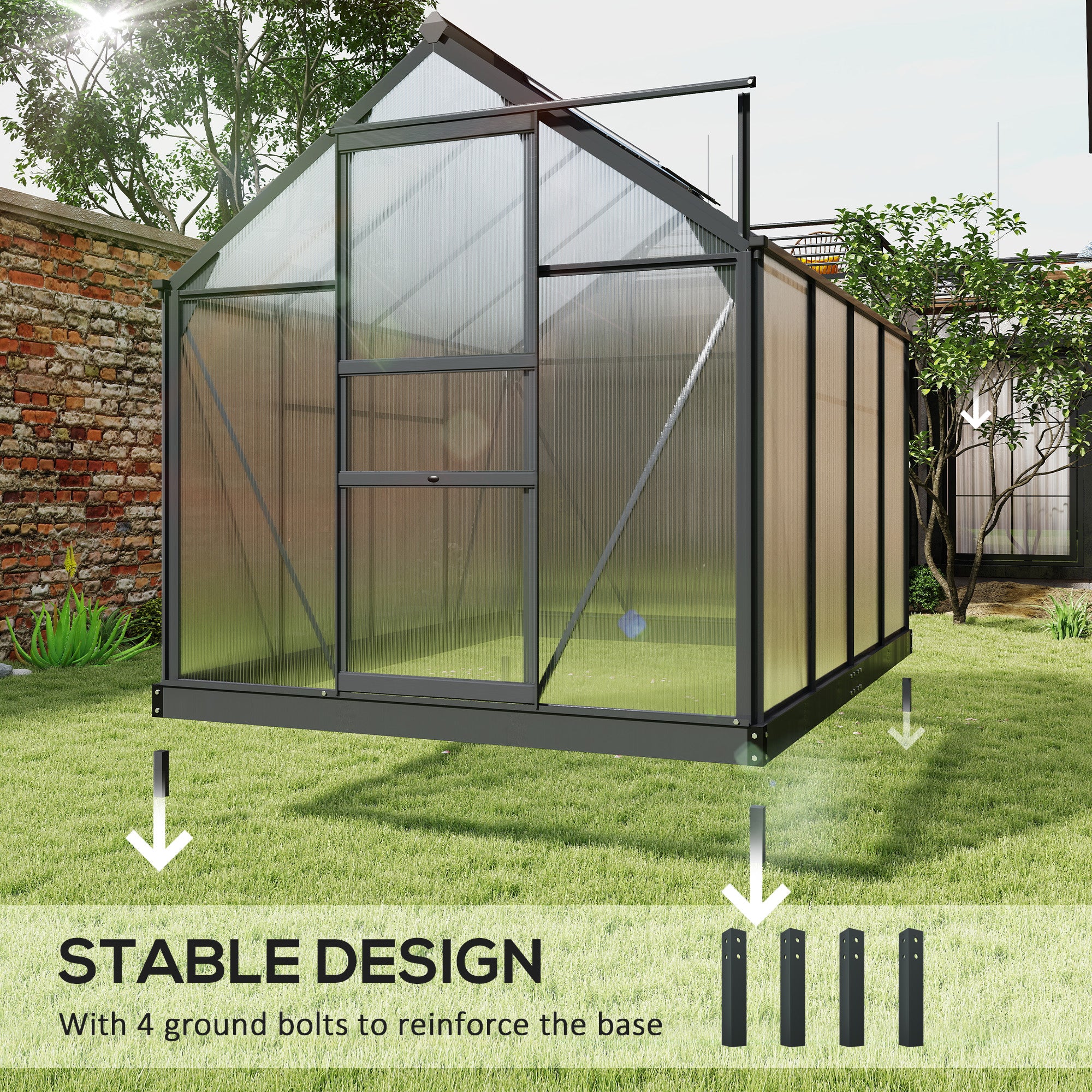Polycarbonate Greenhouse, Heavy Duty Outdoor Aluminum Walk-in Green House Kit Vent Door, 6.2'x8.3'x6.6' Gray - Gray - Image 6
