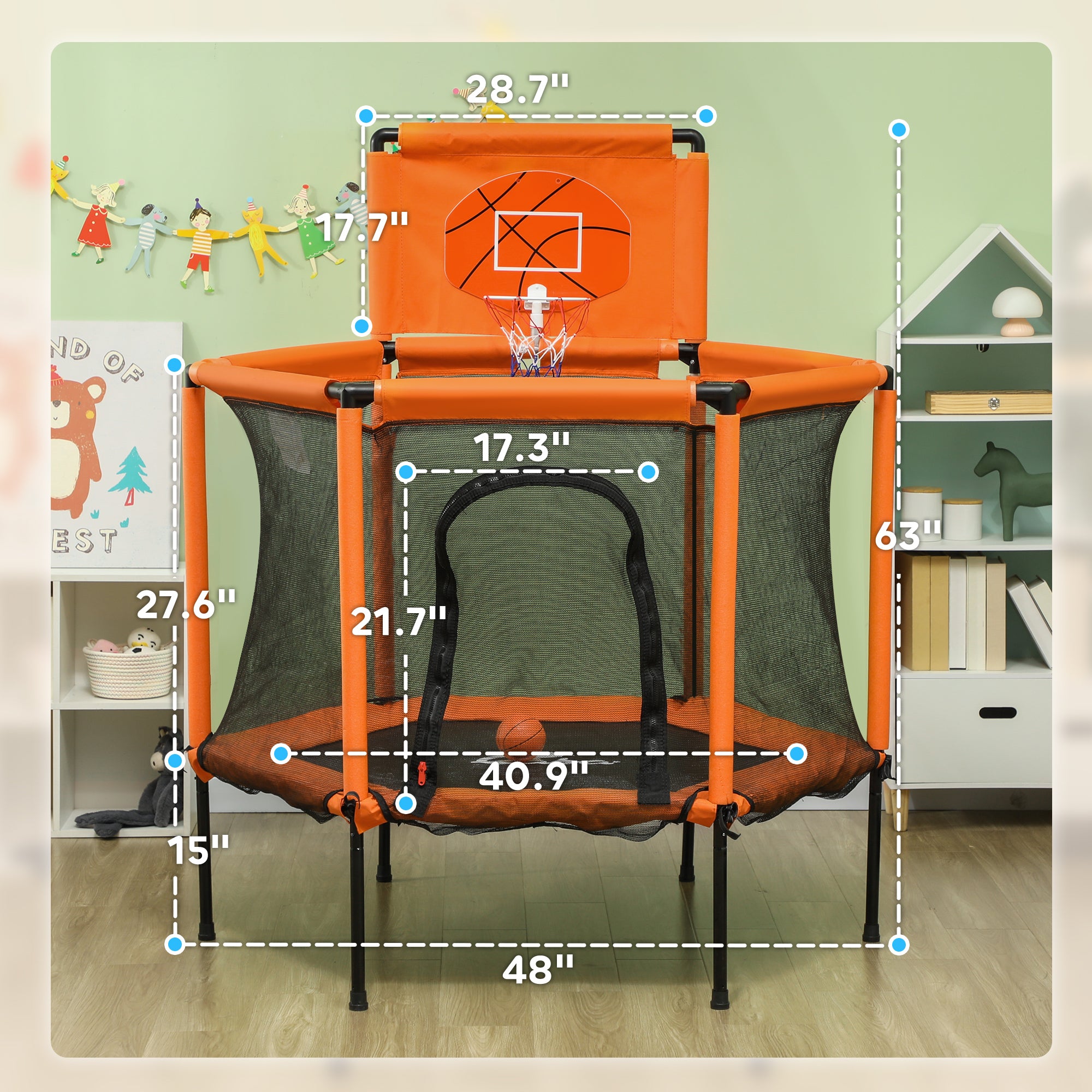 48" Kids Trampoline with Safety Enclosure Net, Basketball Hoop for Ages 3-6, Gifts for Boys & Girls, Orange