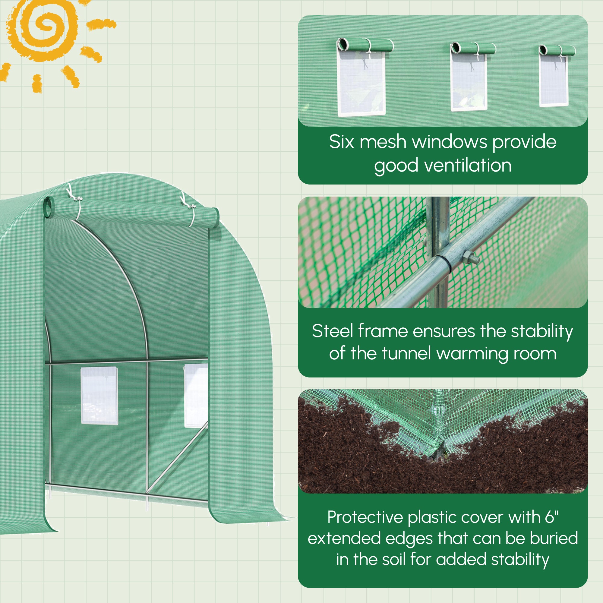 15' x 7' x 7' Walk-in Tunnel Hoop Greenhouse, Green House for Outside with PE Cover, Steel Frame, Roll-Up Zipper Door & Windows for Flowers, Vegetables, Tropical Plants, Green - Green - Image 6