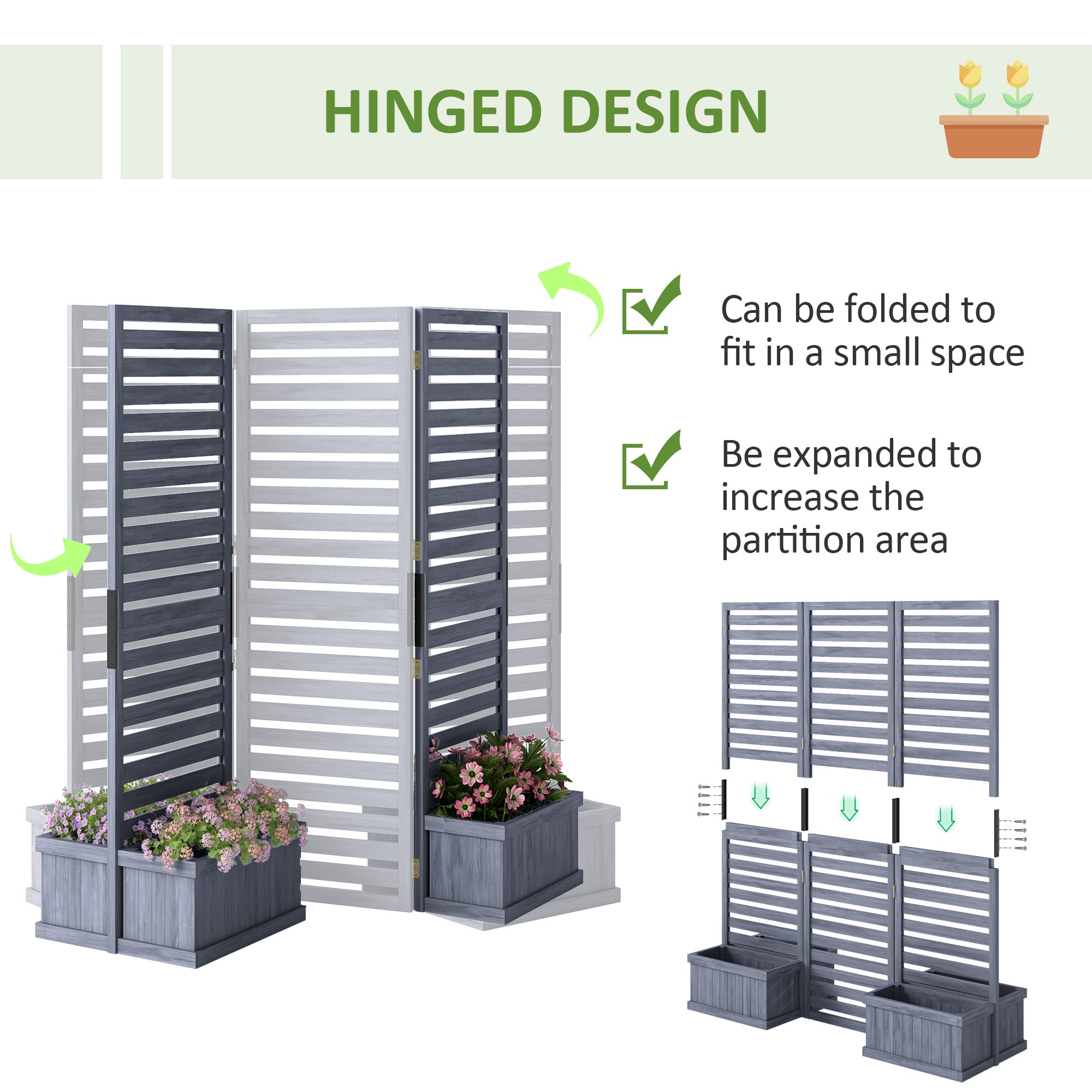 Wood Privacy Screen w/ 4 Planter Box, Raised Bed w/ 3 Panels & Drainage Holes - Gray - Image 5