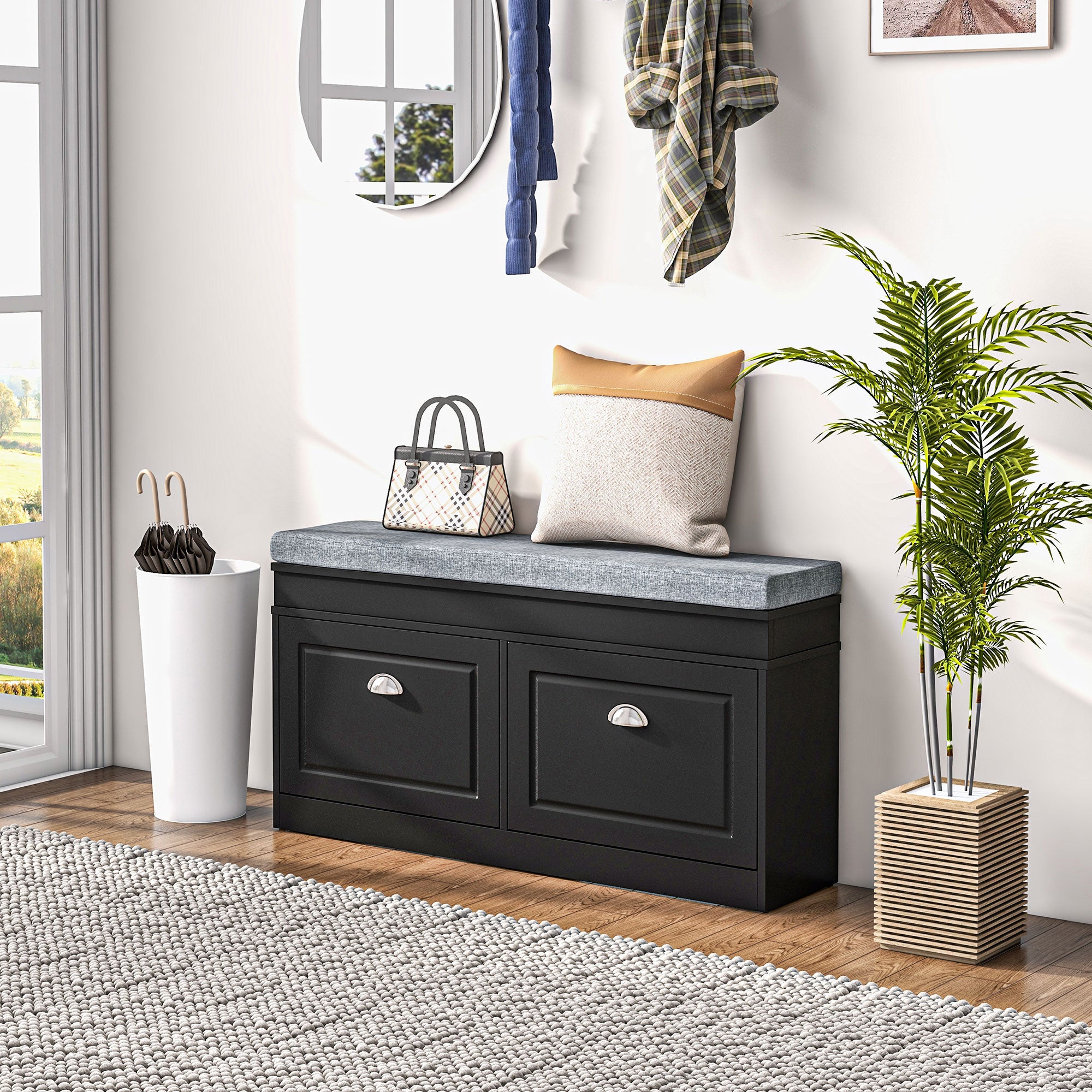 Modern Shoe Storage Bench, Entry Way Bench with Cushion, 2 Drawers, Storage Ottoman Bench, Holds 8 Pairs, Black