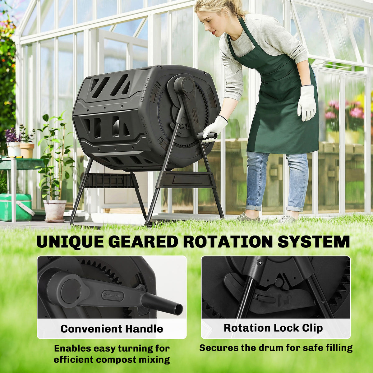 Compost Bin Outdoor, 53 Gal Dual Chamber Tumbling Composter with Adjustable Vents, BPA Free Tumbling Composter, Black