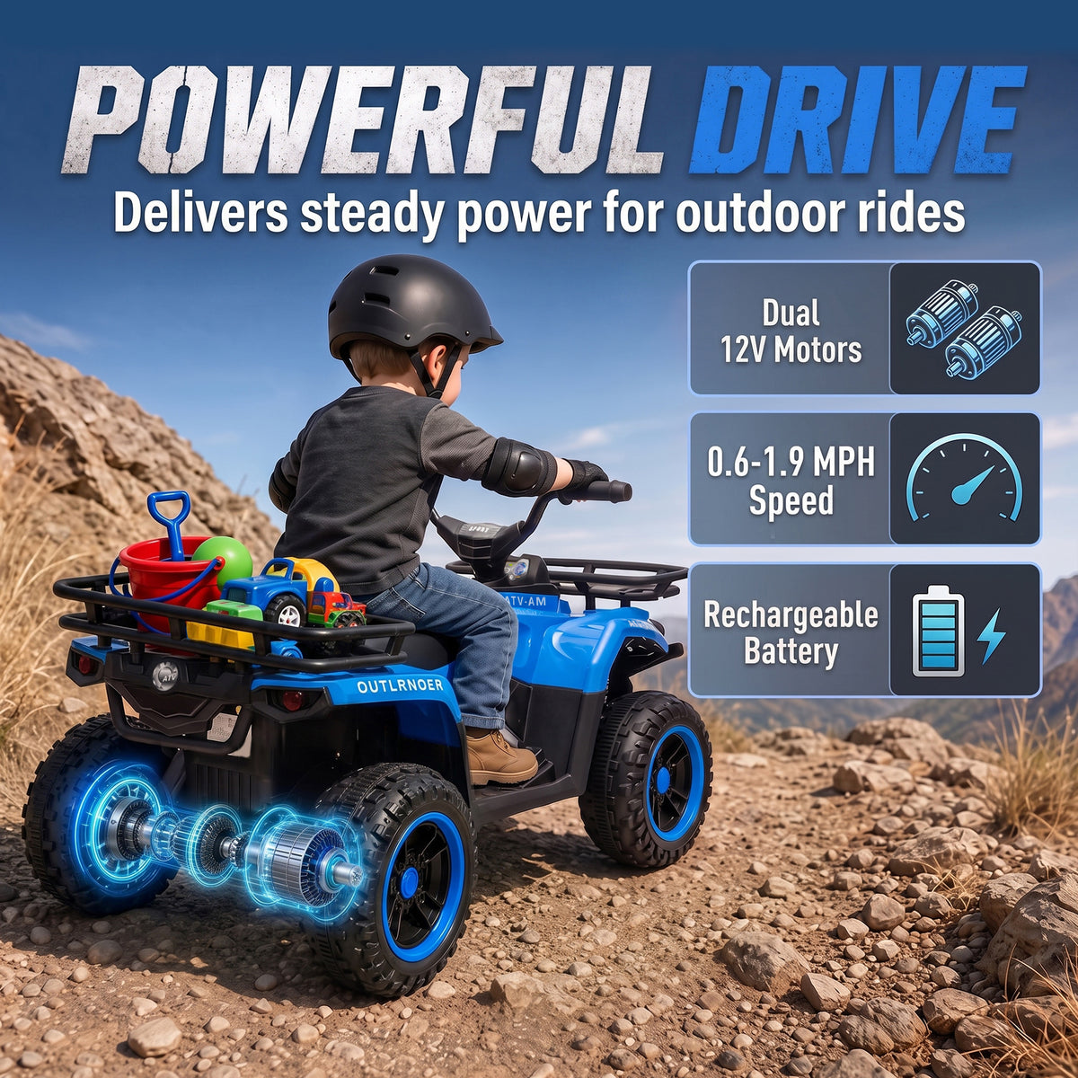 12V Ride on ATV, 4 Wheeler for Kids with Dual Motors, Soft Start, Battery Display, Music, Lights for 3-8 Years, Blue