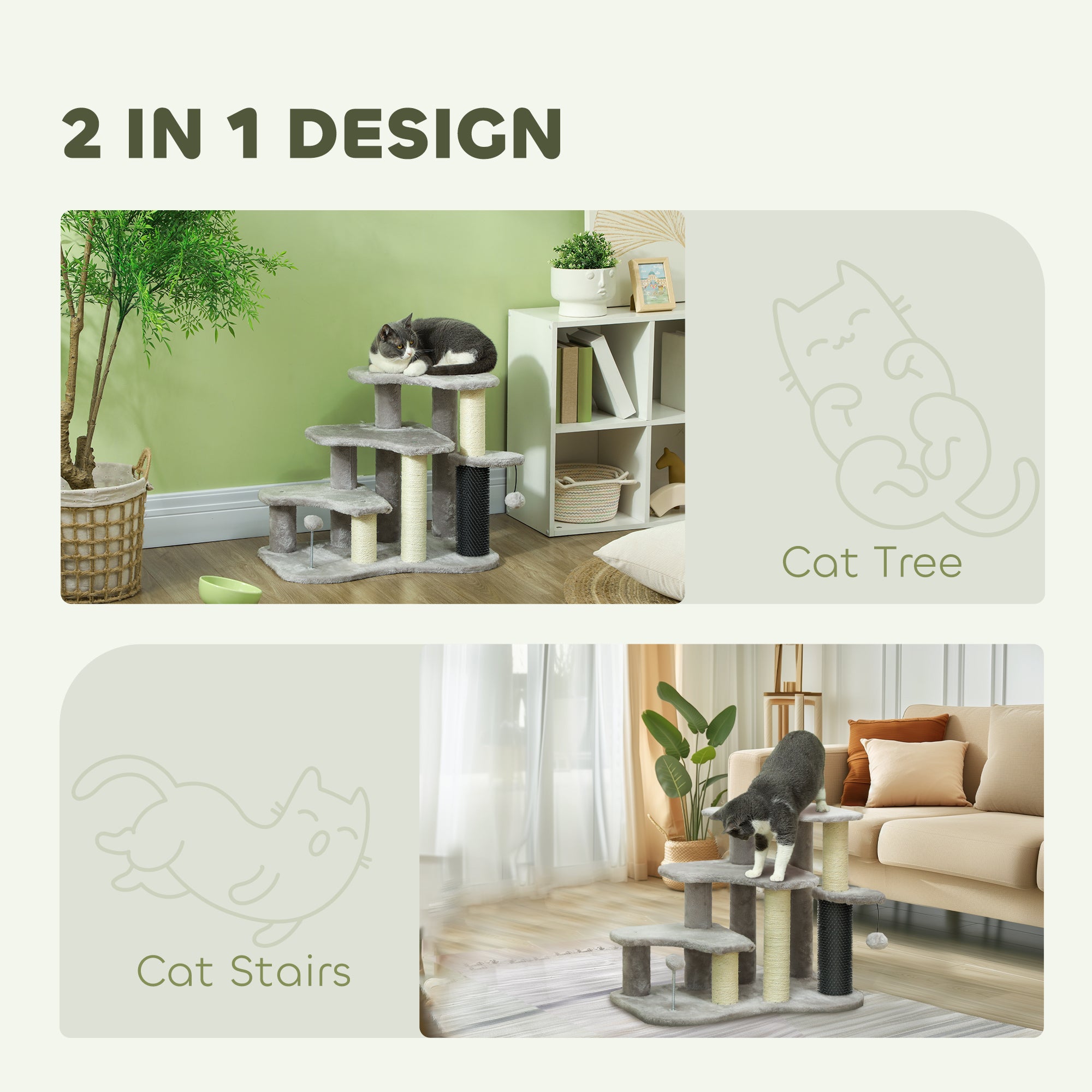 2 in 1 Cat Tree Tower 3-Step Pet Stairs with Scratching Posts, Tickling Post, Toy Balls, for High Beds, Couch - Light Gray - Image 4