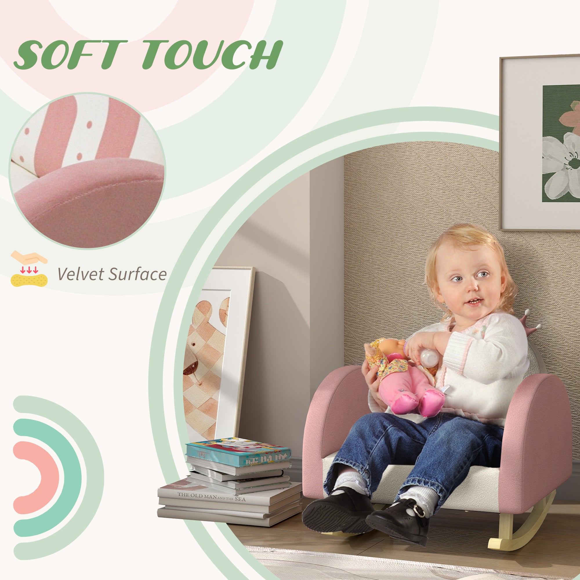 Kids Rocking Chair, Princess Crown Toddler Chair, Children's Armchair Rocker for Bedroom, Playroom, Pink