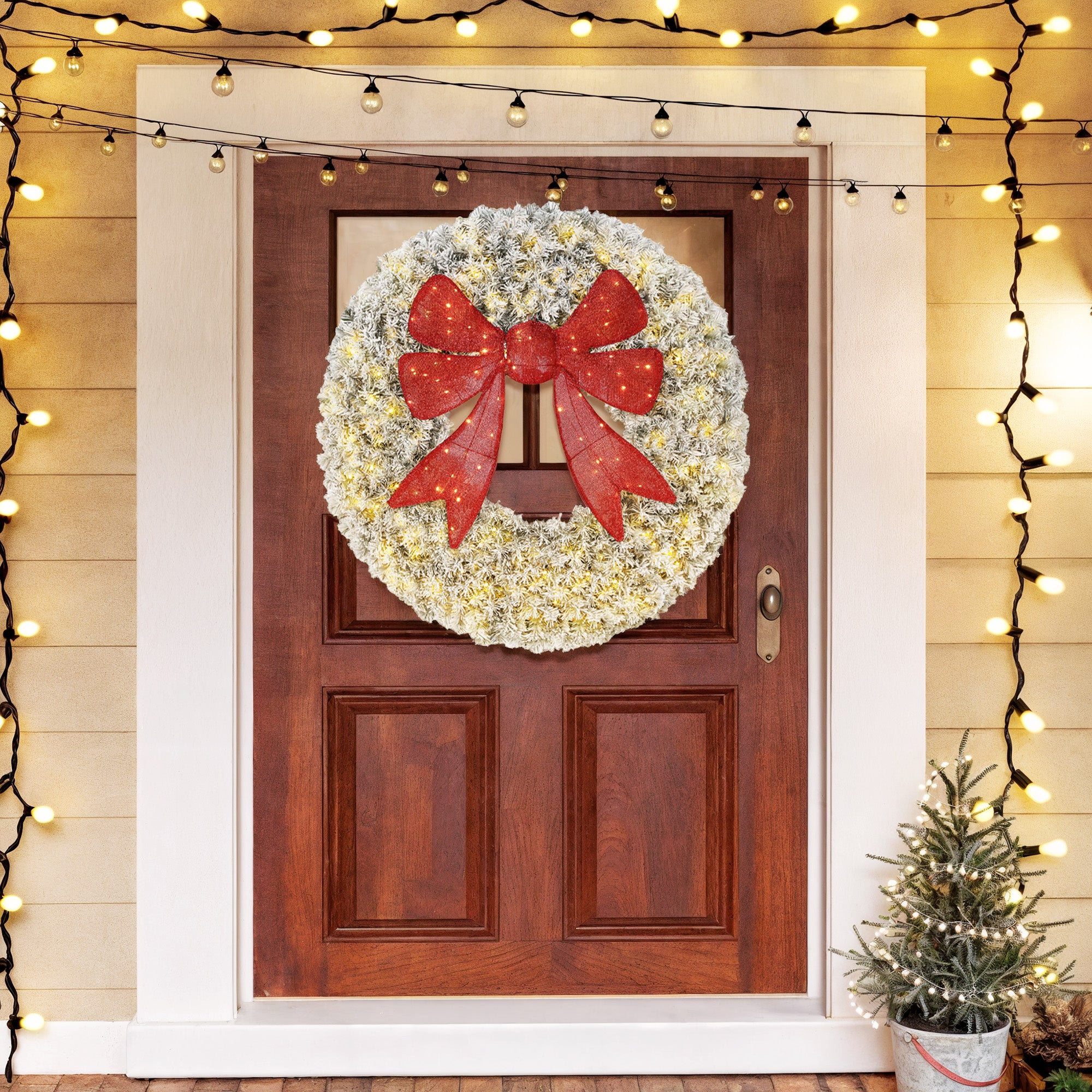 36in Flocked Pre-Lit Christmas Wreath with 3D Red Bow, 11 Lighting Modes, Front Door Christmas Wreath with Remote