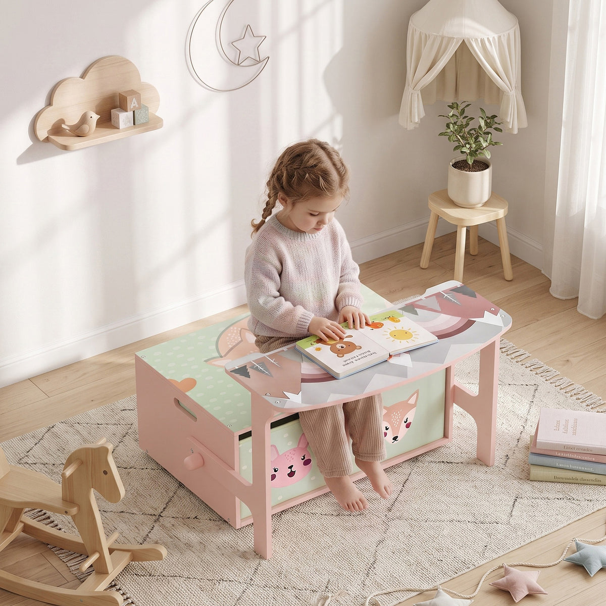 Kids Toy Box Chest, 3-in-1 Convertible Storage Chest with 2 Non-Woven Drawers for Bedroom, Kids Room for Ages 3-6, Pink