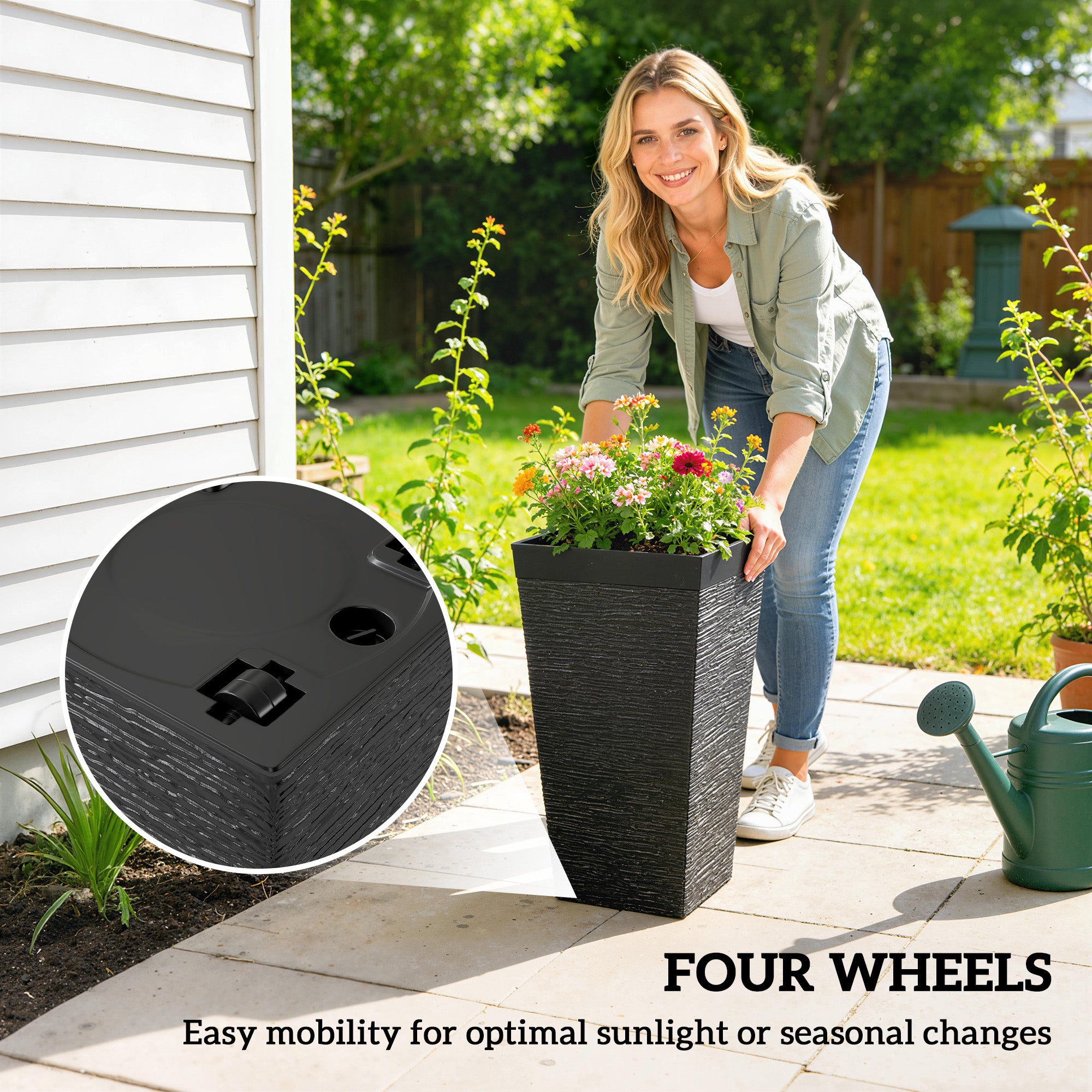 22.8 Inch Set of 3 Outdoor Planters with Stone Finish and Wheels, Stackable Tapered Planters with Drainage Hole, Black - Black - Image 7
