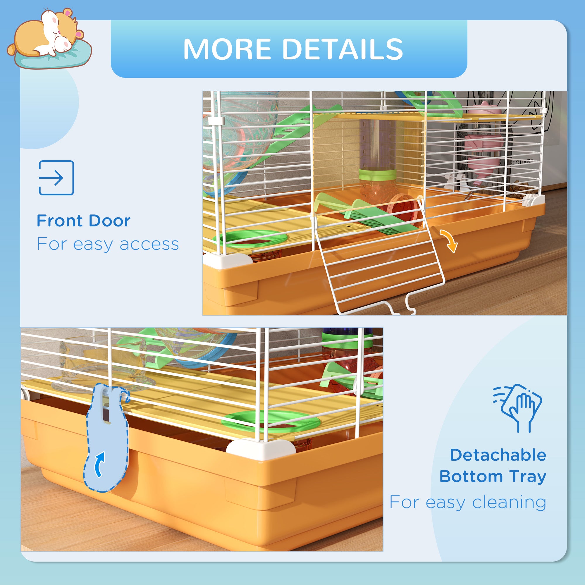5 Tiers Hamster Cage Portable Animal Travel Carrier w/ Exercise Wheels Tube, Orange - Orange - Image 7