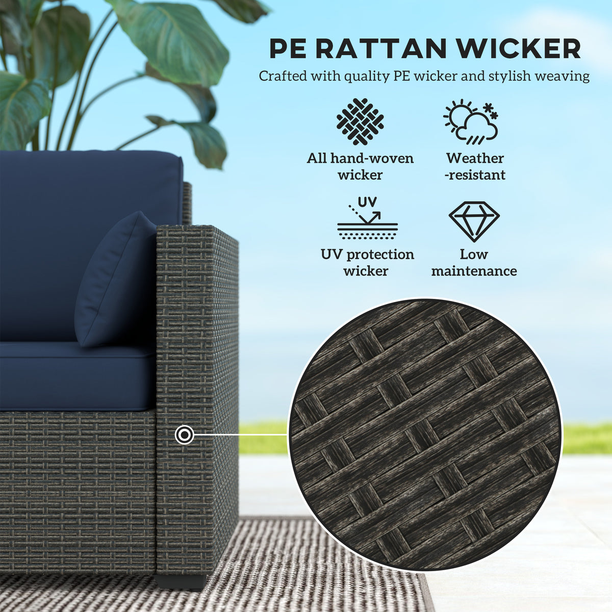Patio Couch PE Wicker Deep Seating Outdoor Sofa with Removable Cushions, 3 Seater Rattan Sofa, Navy Blue