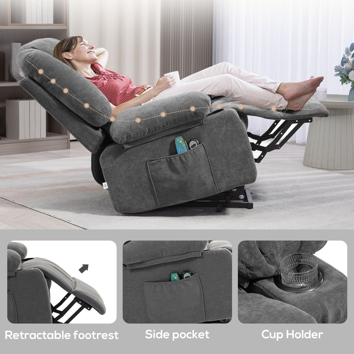 Power Lift Chair, Electric Recliner Chair with Vibration Massage, Heat, Side Pockets, Quick Assembly, Charcoal Gray