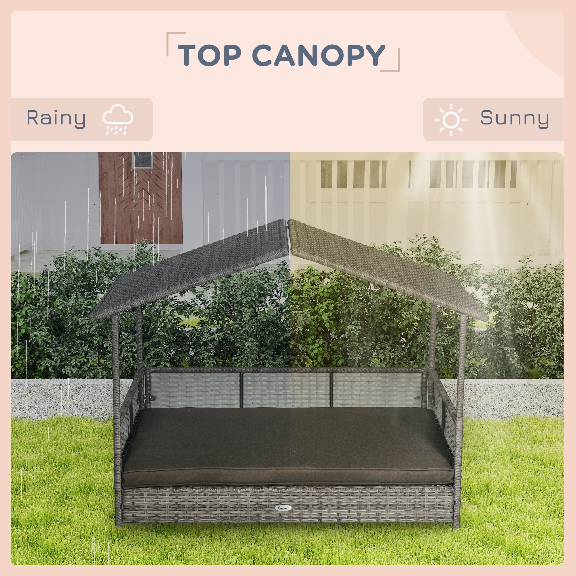 Outdoor Dog Bed with Canopy, Rattan Dog Bed with Soft Cushion Removable Cover for Medium and Large Dogs, Charcoal Gray - Charcoal Gray - Image 6