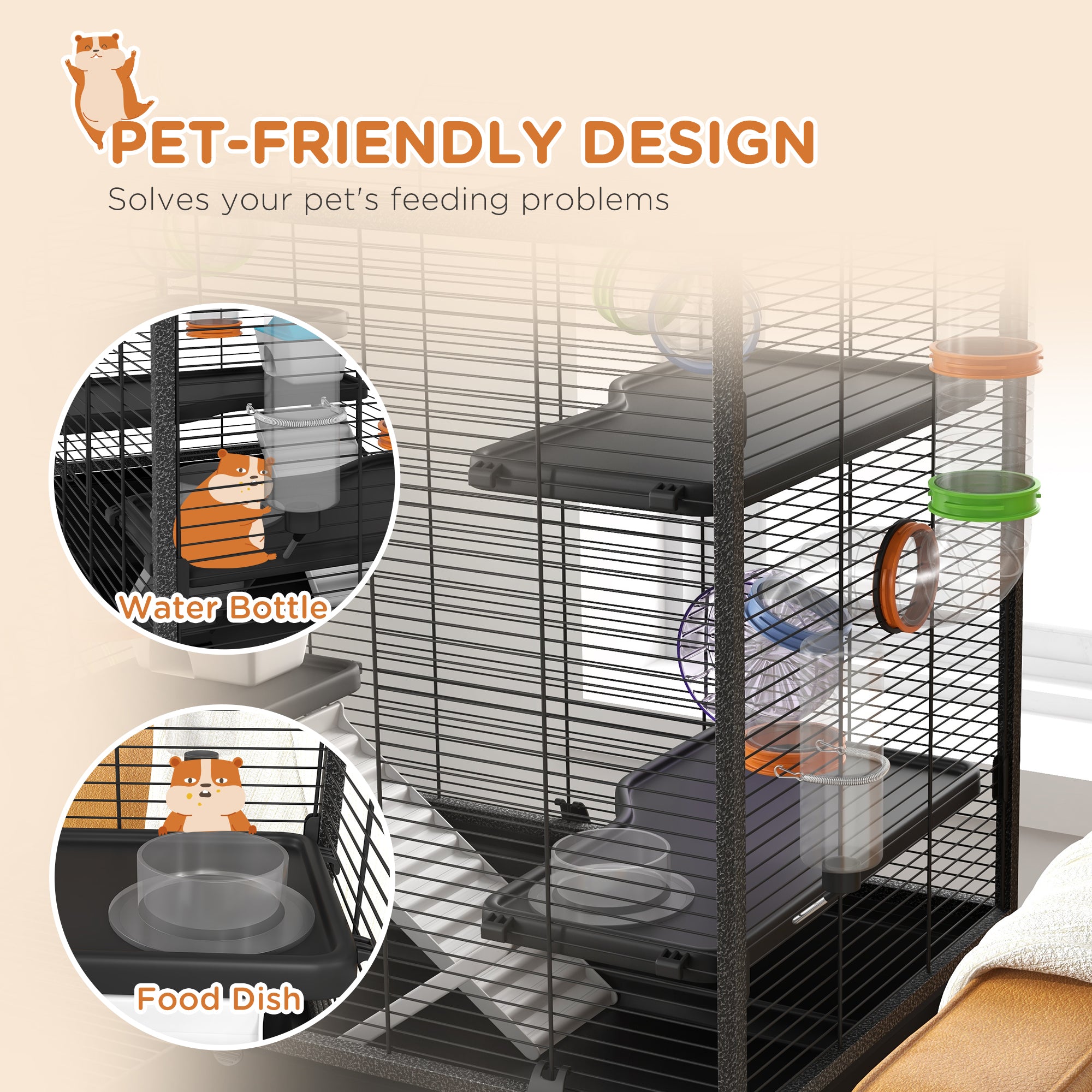 Small Animal Cage for Syrian Hamster, Gerbil Cage with Tubing System, Running Wheel, Ramps, Platforms - Black - Image 7