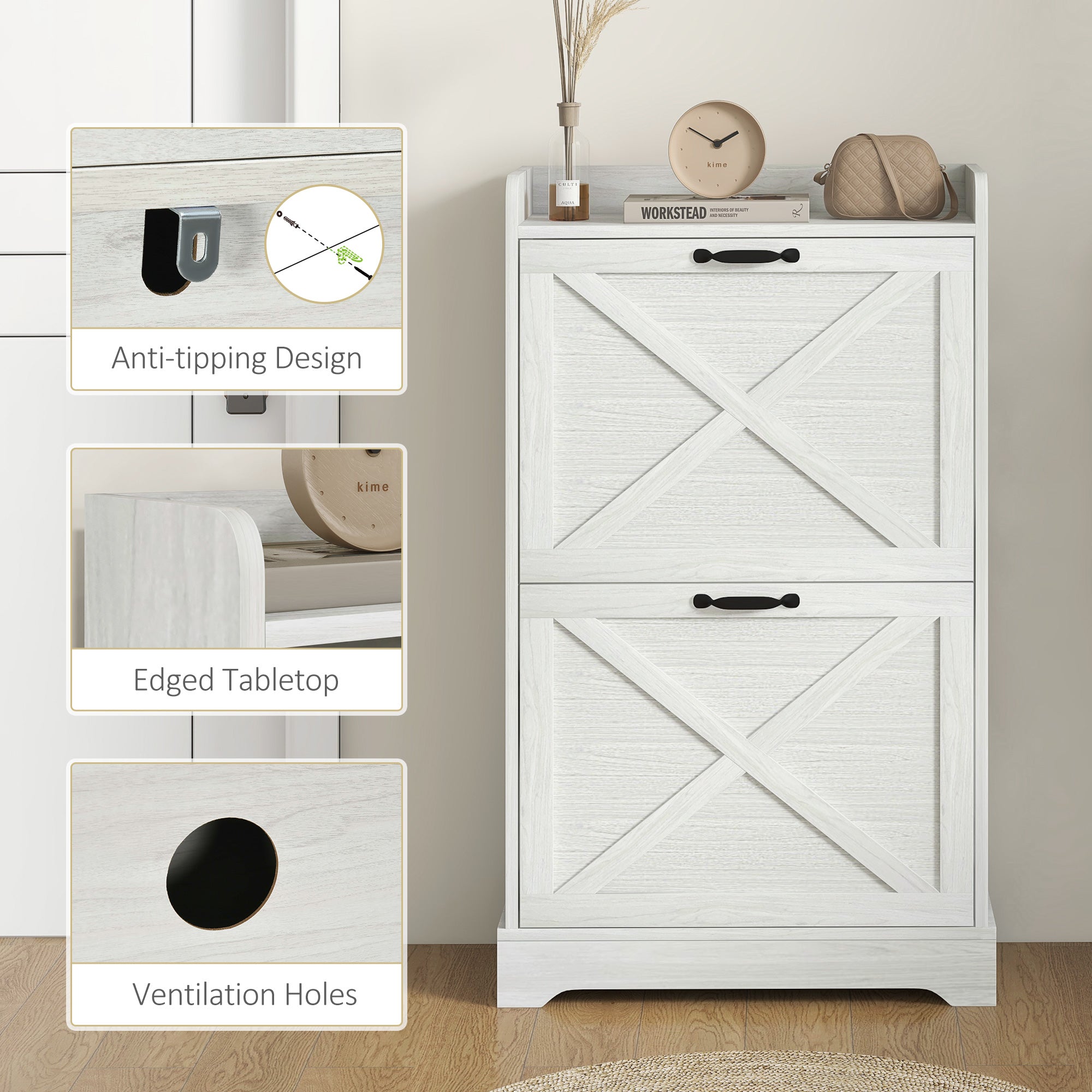 Slim Shoe Storage Cabinet, Farmhouse Shoe Cabinet with 2 Flip Drawers, Adjustable Shelves for 8 Pairs, Distressed White
