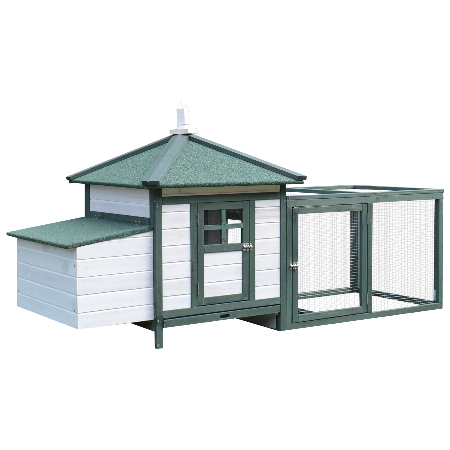 77" Wooden Chicken Coop Hen House Poultry Cage with Weatherproof Roof, Nesting Box, Enclosed Run and Removable Tray for Outdoor Backyard, Green - White