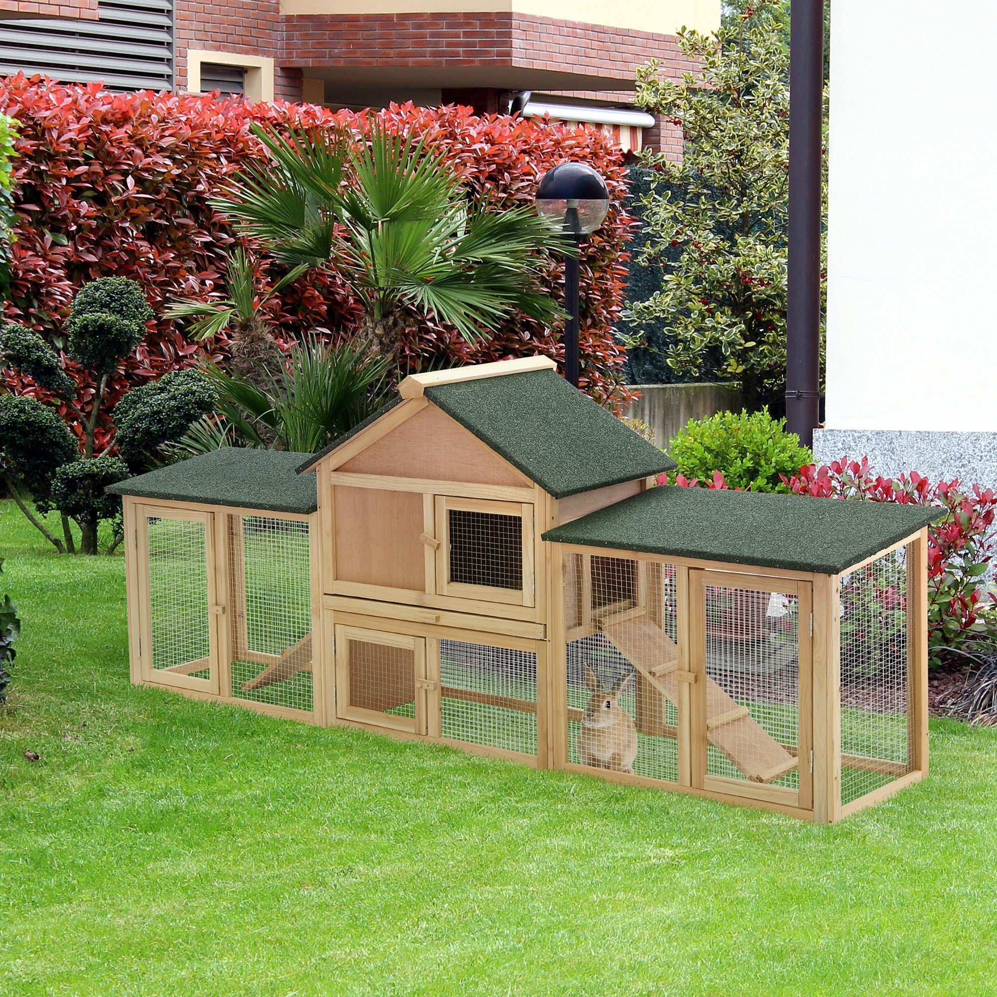 Rabbit Cage Outdoor, Rabbit House 83" 2 Story Deluxe XL Wooden Rabbit Hutch Big Bunny Cage w/ Ladder and Run - Natural - Image 2