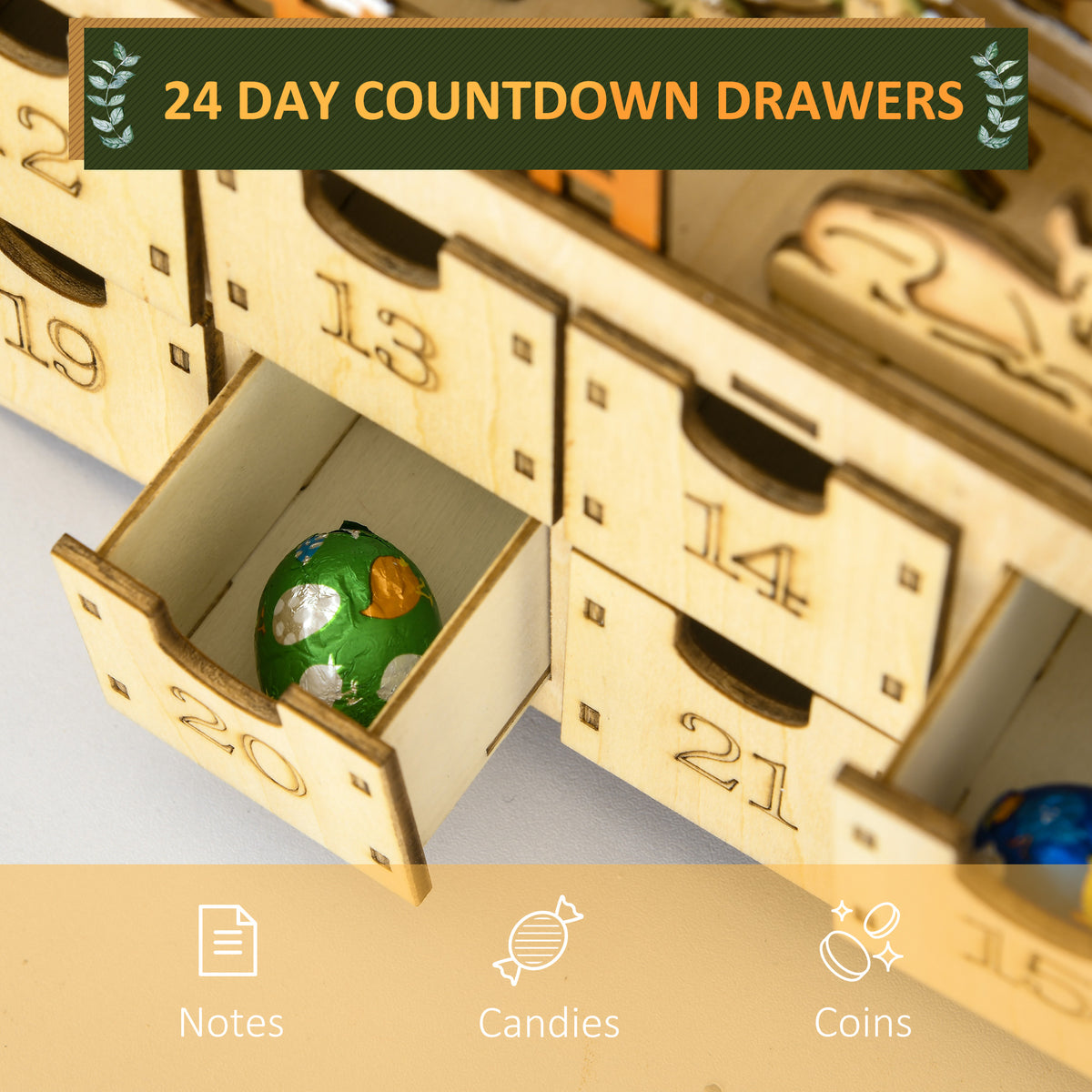 Christmas Advent Calendar, Wooden Countdown to Christmas Table Decoration with 24 Drawers, Lights, Battery Operated