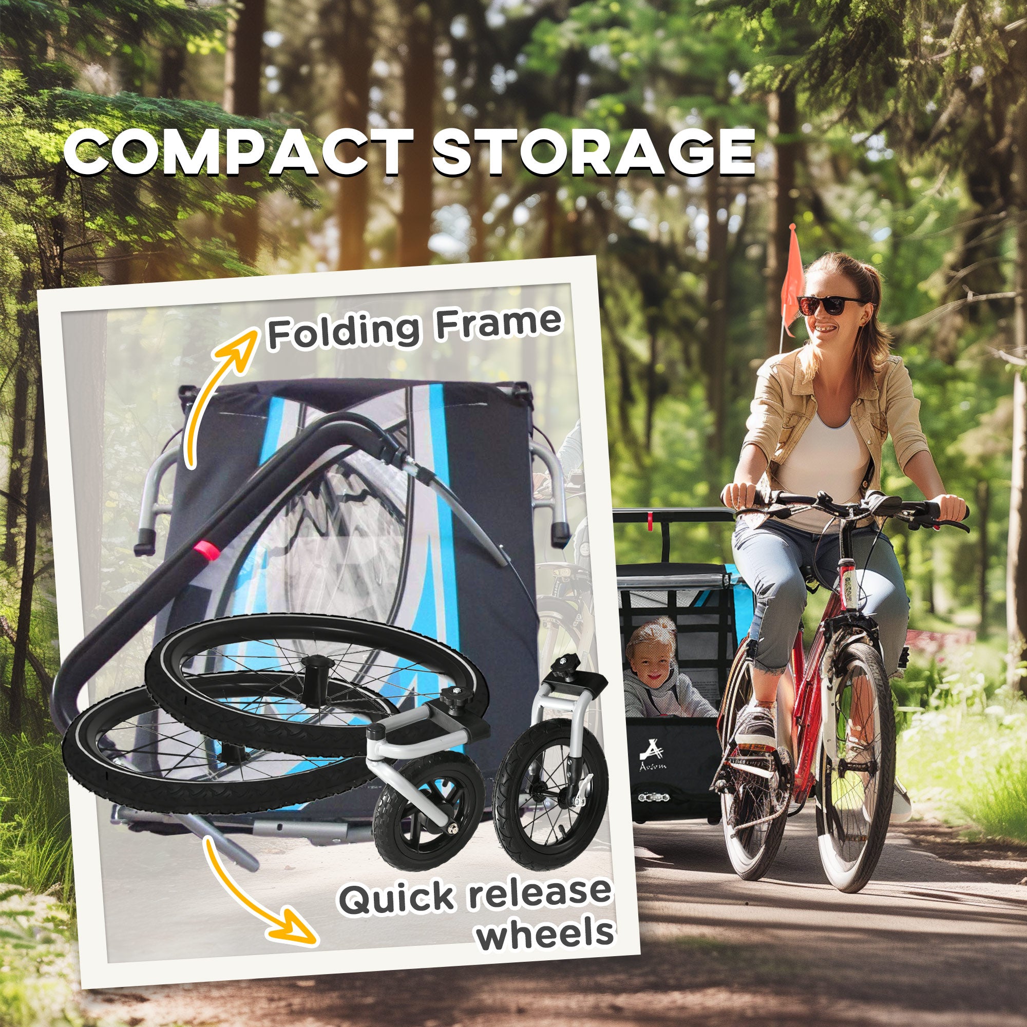 3-in-1 Bike Trailer for Kids, Running Stroller with 2 Seats, Jogging Cart with 5-Point Harness, Storage Units, Blue