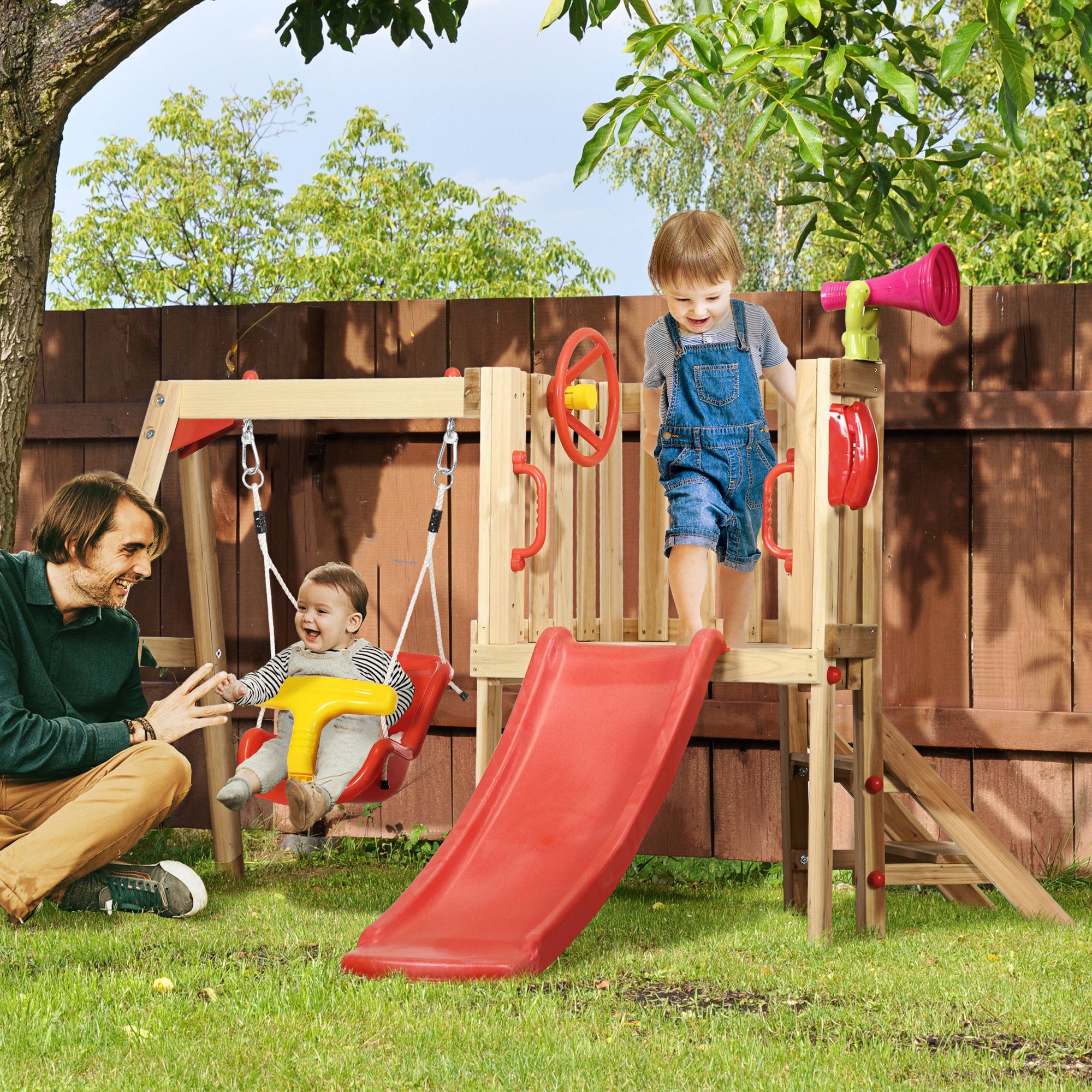 4-in-1 Wooden Swing Set with Swing, Slide, Horn, Steering Wheel, Red