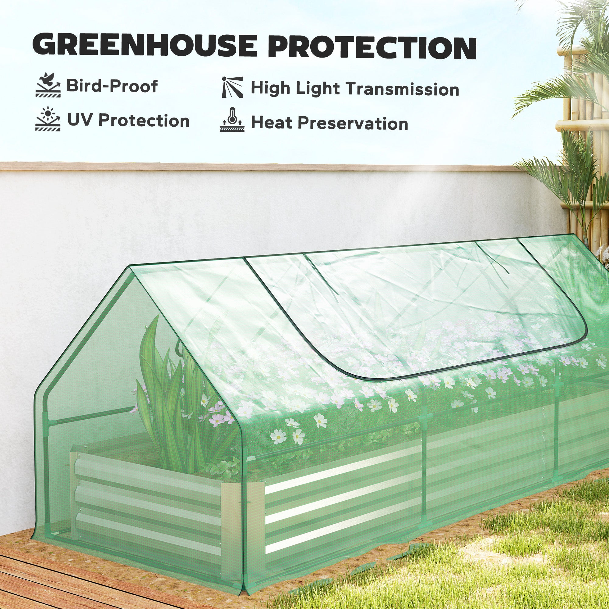 8.6 x 3 x 1ft Raised Garden Bed with Mini Greenhouse, Galvanized Raised Garden Bed with Cover for Herbs and Vegetables, Small Greenhouse for Patio Garden Balcony, Green and Silver - Green - Image 5