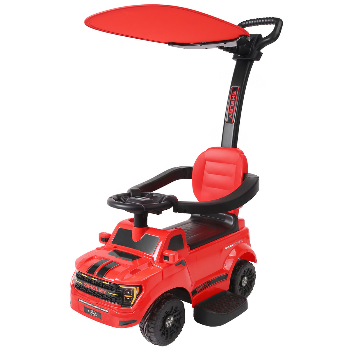 3-in-1 Push Car for 1-3, Licensed Ford Shelby Sliding Walking Car with Parent Handle, Canopy, Guardrail, Storage, Red