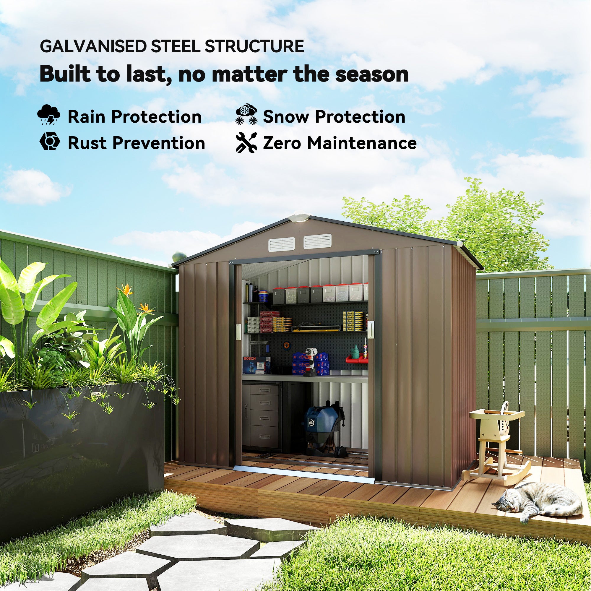 7x4 Storage Shed, Outdoor Garden Tool Shed with Foundation Kit, Vents & Sliding Doors for Backyard Patio, Brown - Brown - Image 4