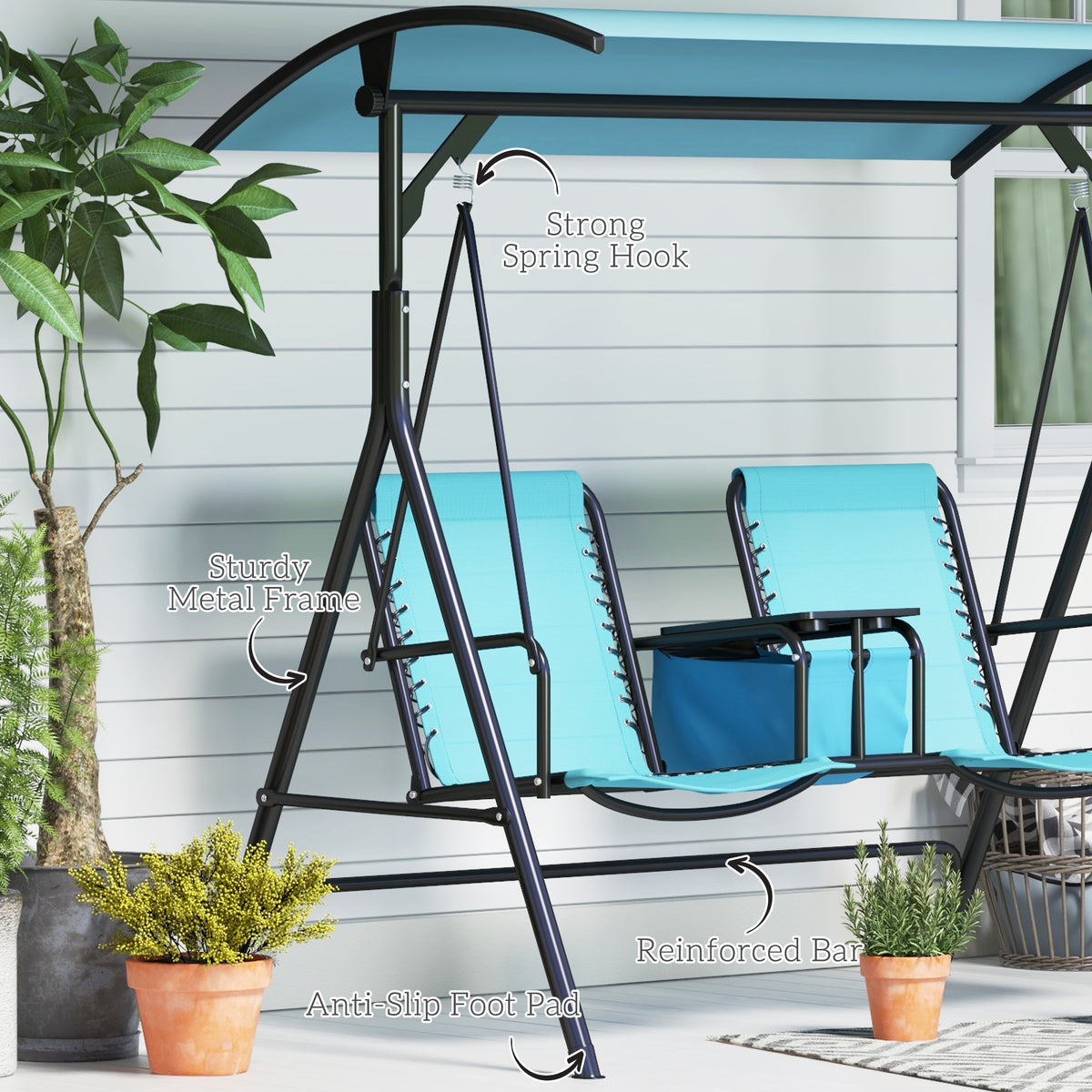 2 Person Porch Swing with Canopy, Storage Table, Cup Holder, Blue