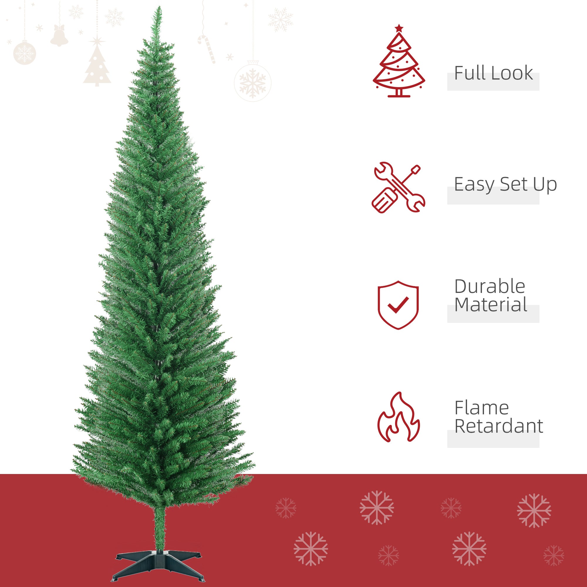 7ft Unlit Pencil Artificial Christmas Tree with Realistic Branches and 499 Tips, Plastic Base, Light Green