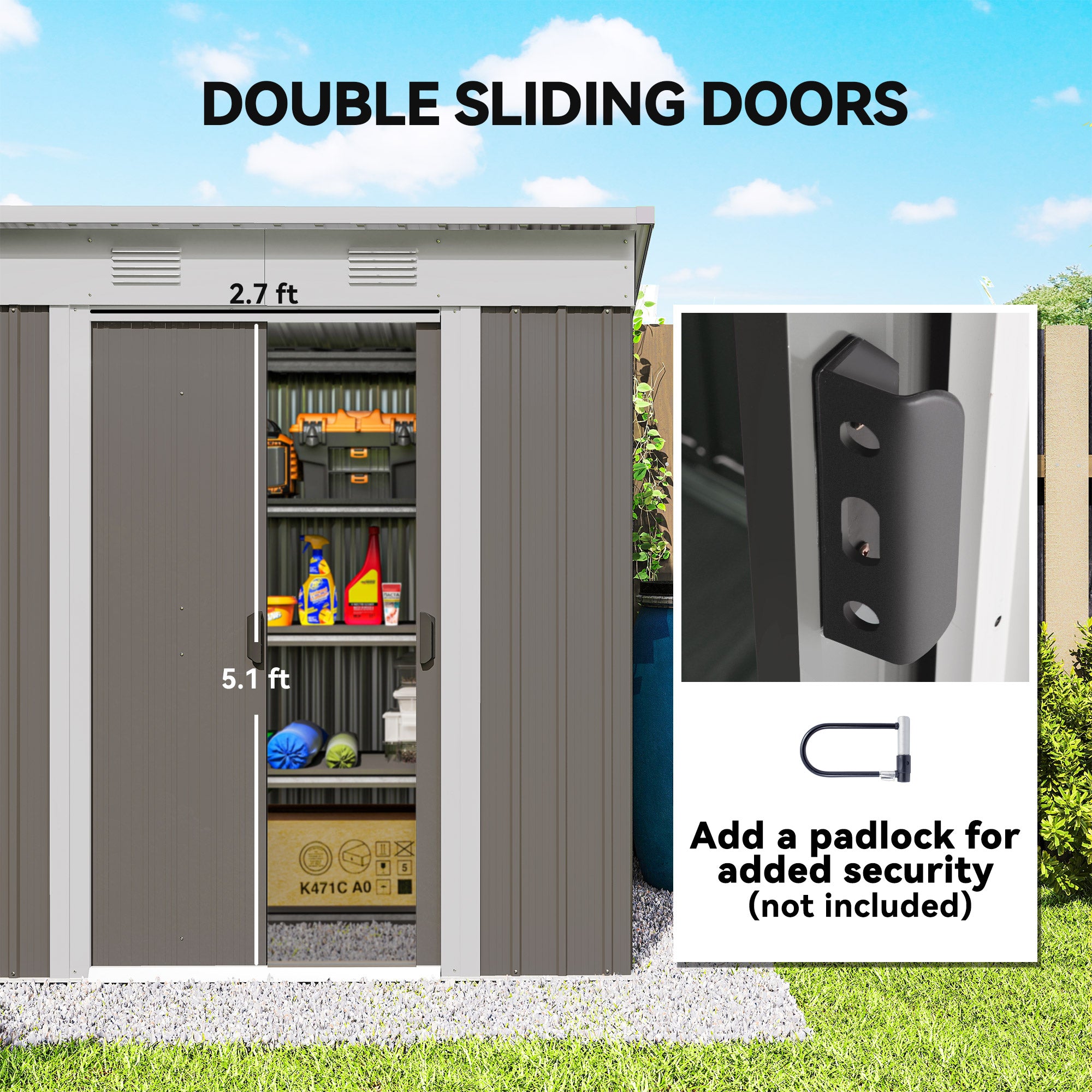 6' x 4' Metal Garden Shed, Backyard Tool Storage Shed with Dual Locking Doors, 2 Air Vents and Steel Frame, Gray - Gray - Image 5