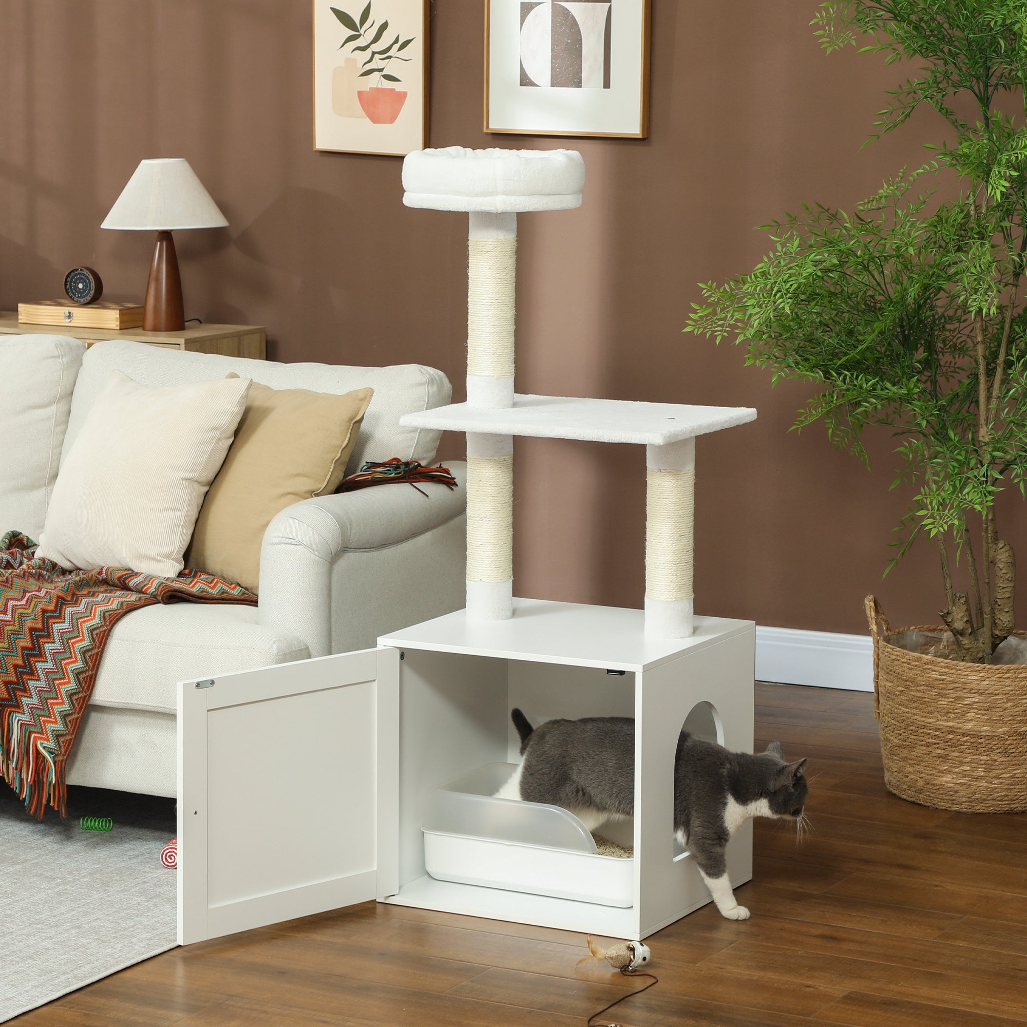 Cat Tree with Litter Box Enclosure, Scratching Posts, Bed, Climbing Platforms for Indoor Cats, White - White - Image 2