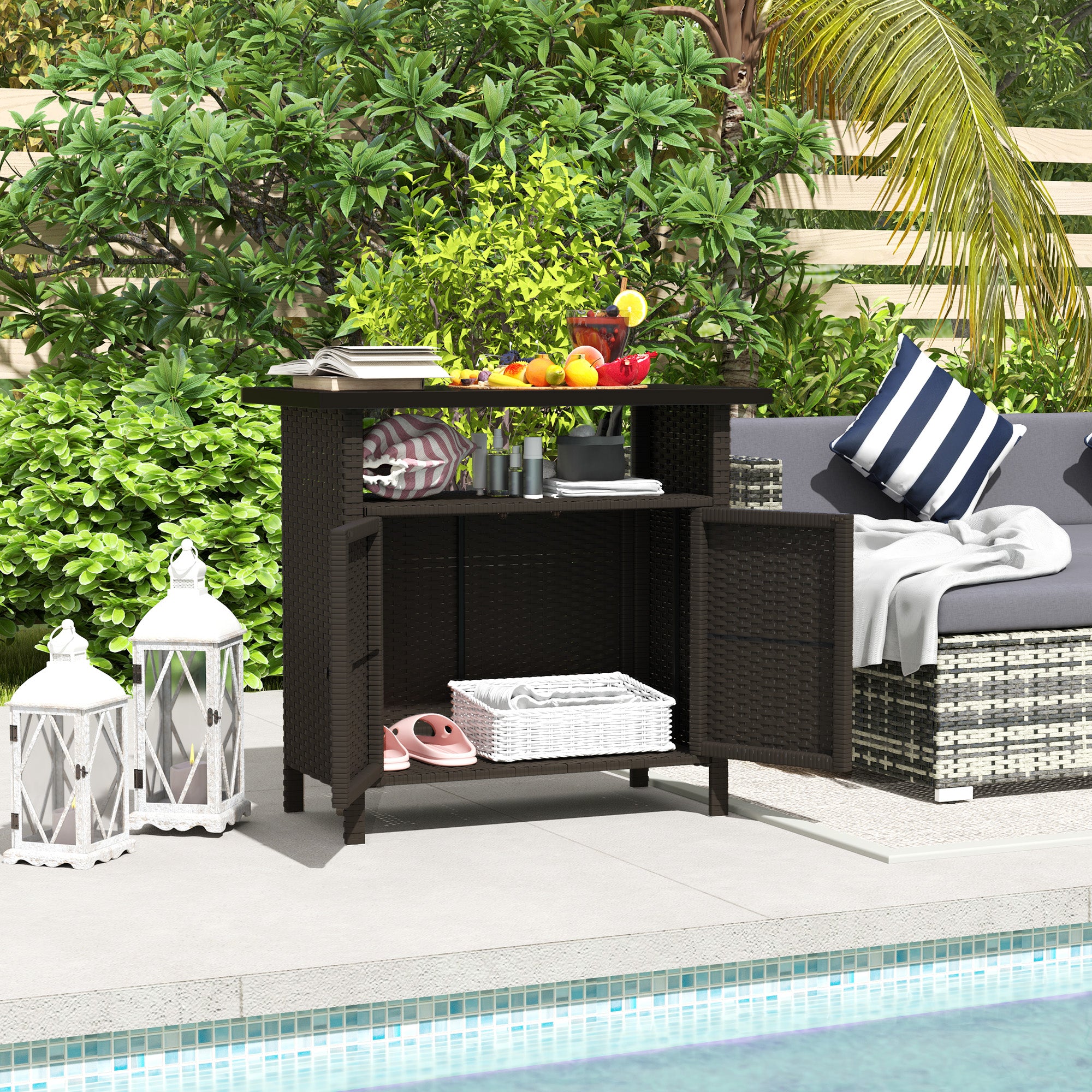 Wicker Outdoor Storage Cabinet with Two Doors and Shelf for Outdoor Pool Towel Storage, Dark Coffee - Dark Coffee - Image 2