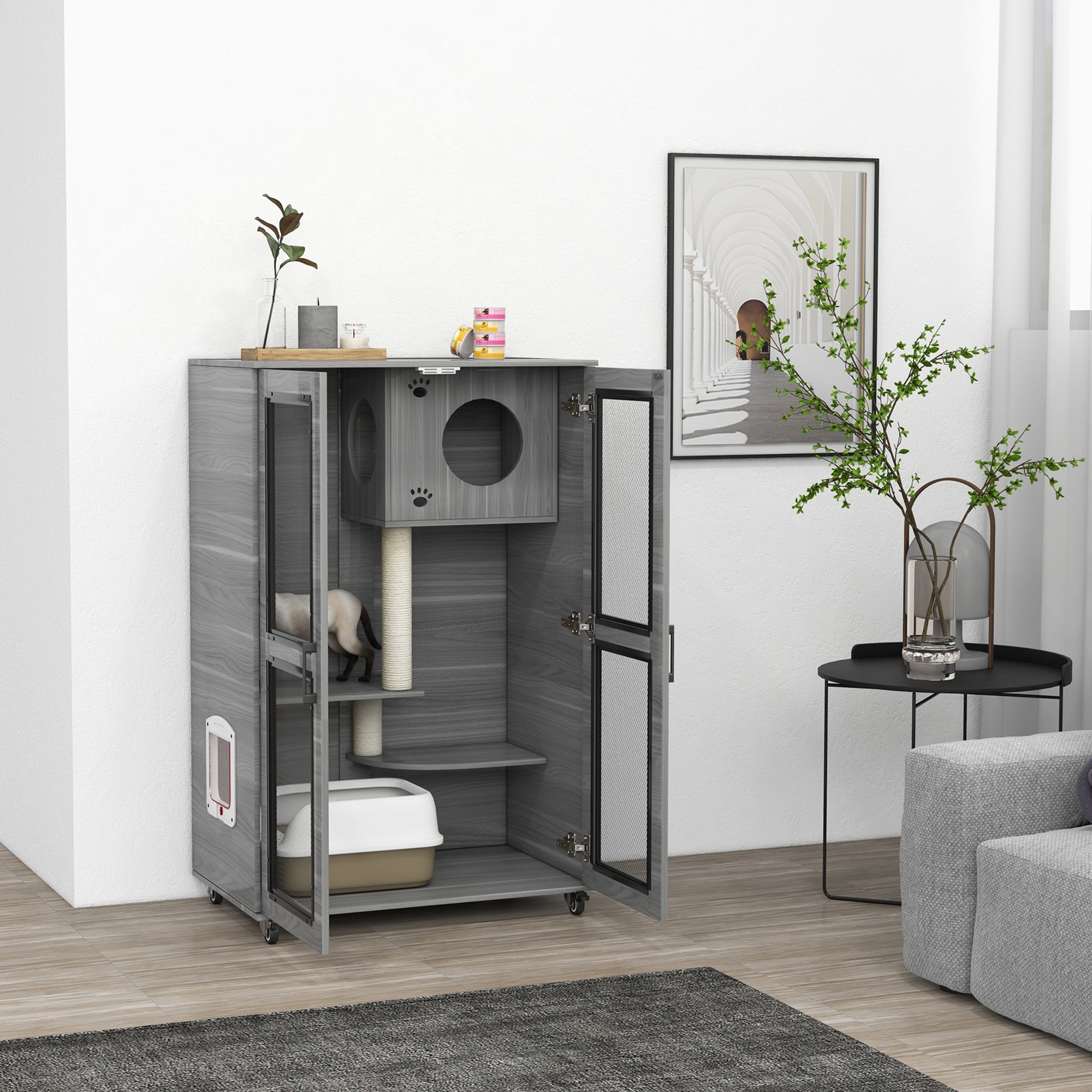 Cat Tree House with Scratching Post and Wheels, Gray - Gray - Image 2