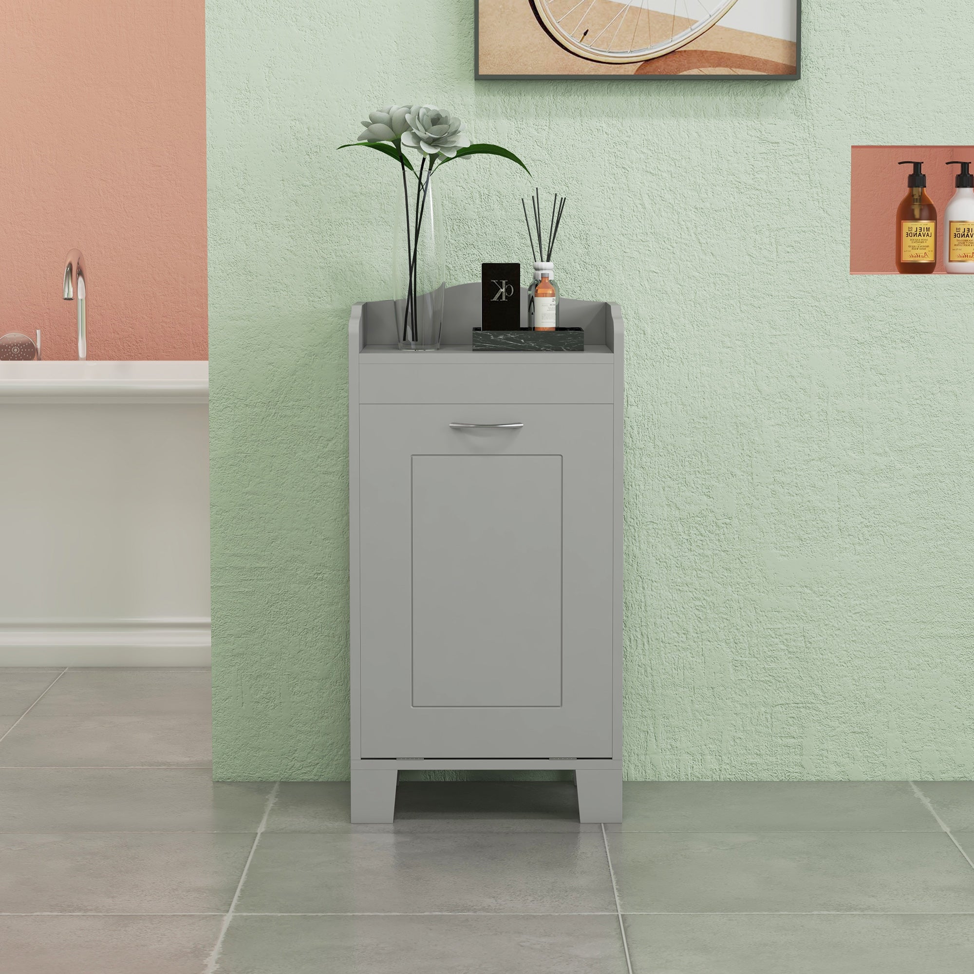 Tilt-out Laundry Storage Cabinet with Tabletop and Compartment Hamper, Gray